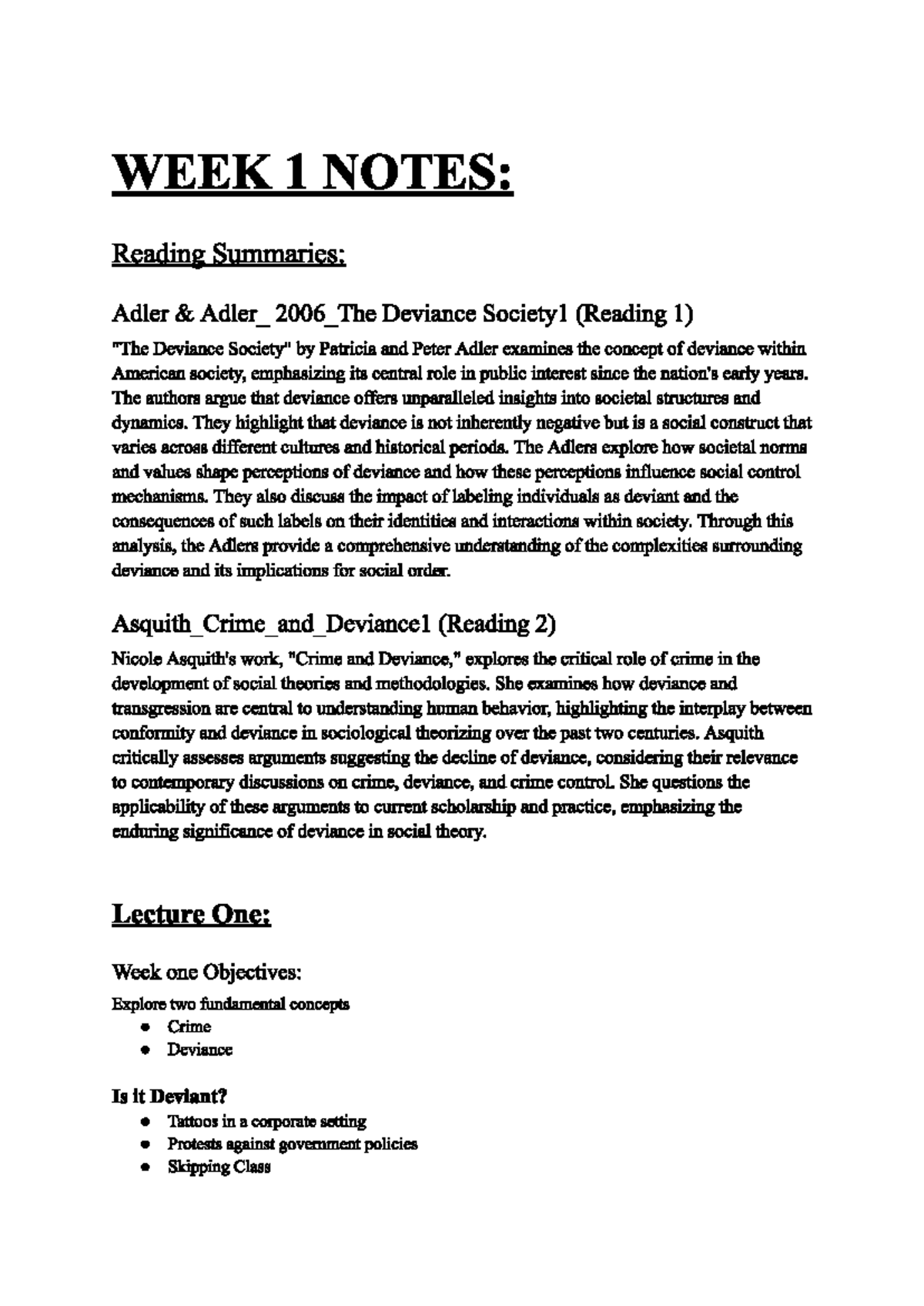 Crime and deviance notes up to current place in lectures 1 - WEEK 1 ...