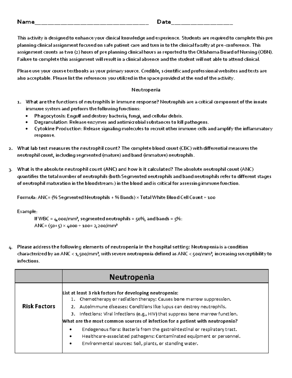 Pre-Planning Clinical Assignment on Neutropenia for NP3 Students - Studocu