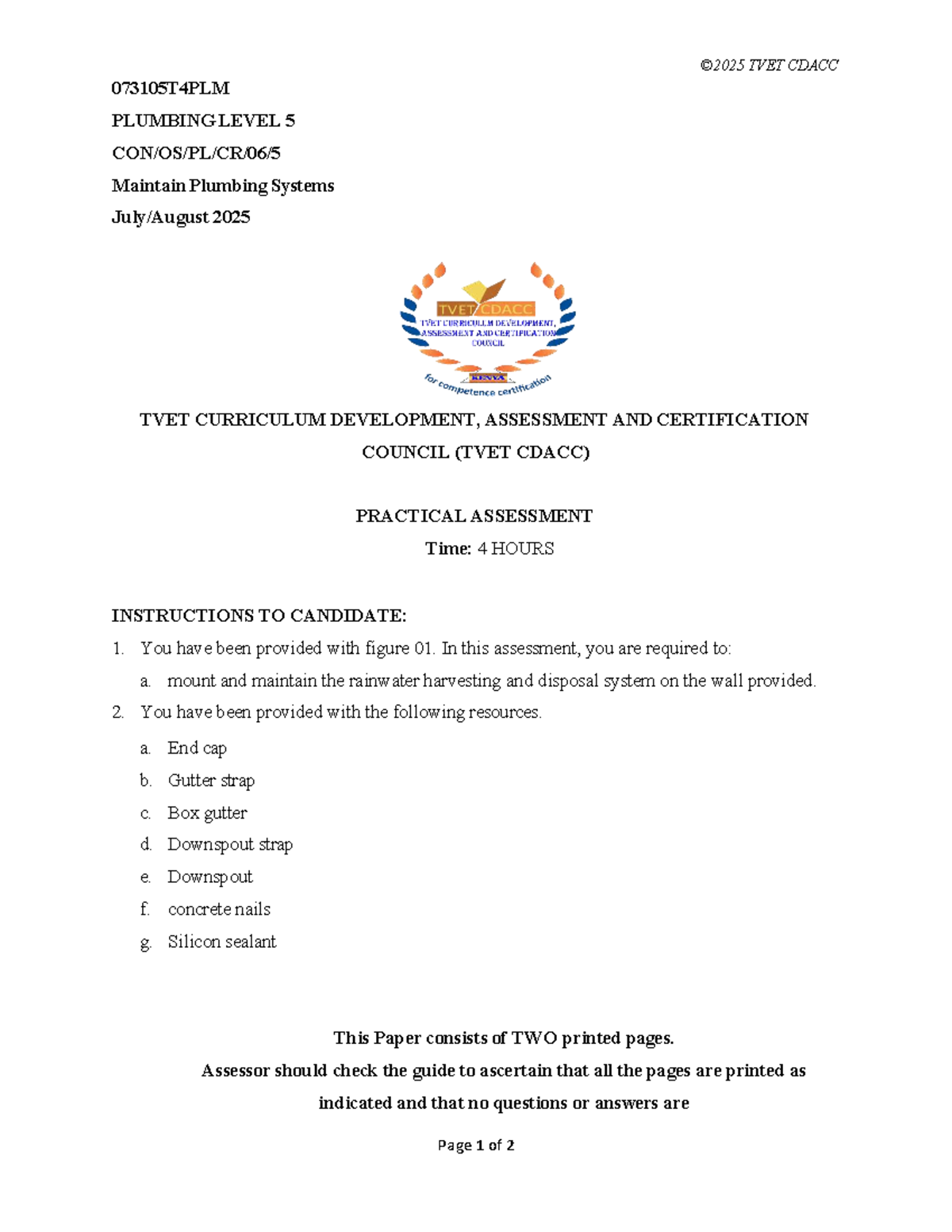 TVET CDACC 073105T4PLM Level 5 Practical Assessment: Maintain Plumbing ...