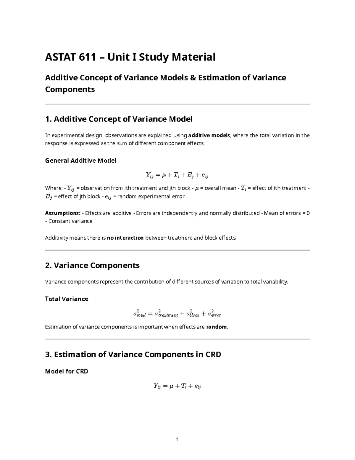 ASTAT 611 Unit I – Additive Variance Models & Estimation of Components ...