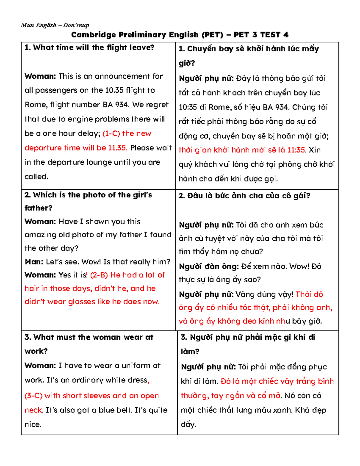 PET 3 TEST 4 - Listening Comprehension Script and Translation - Studocu