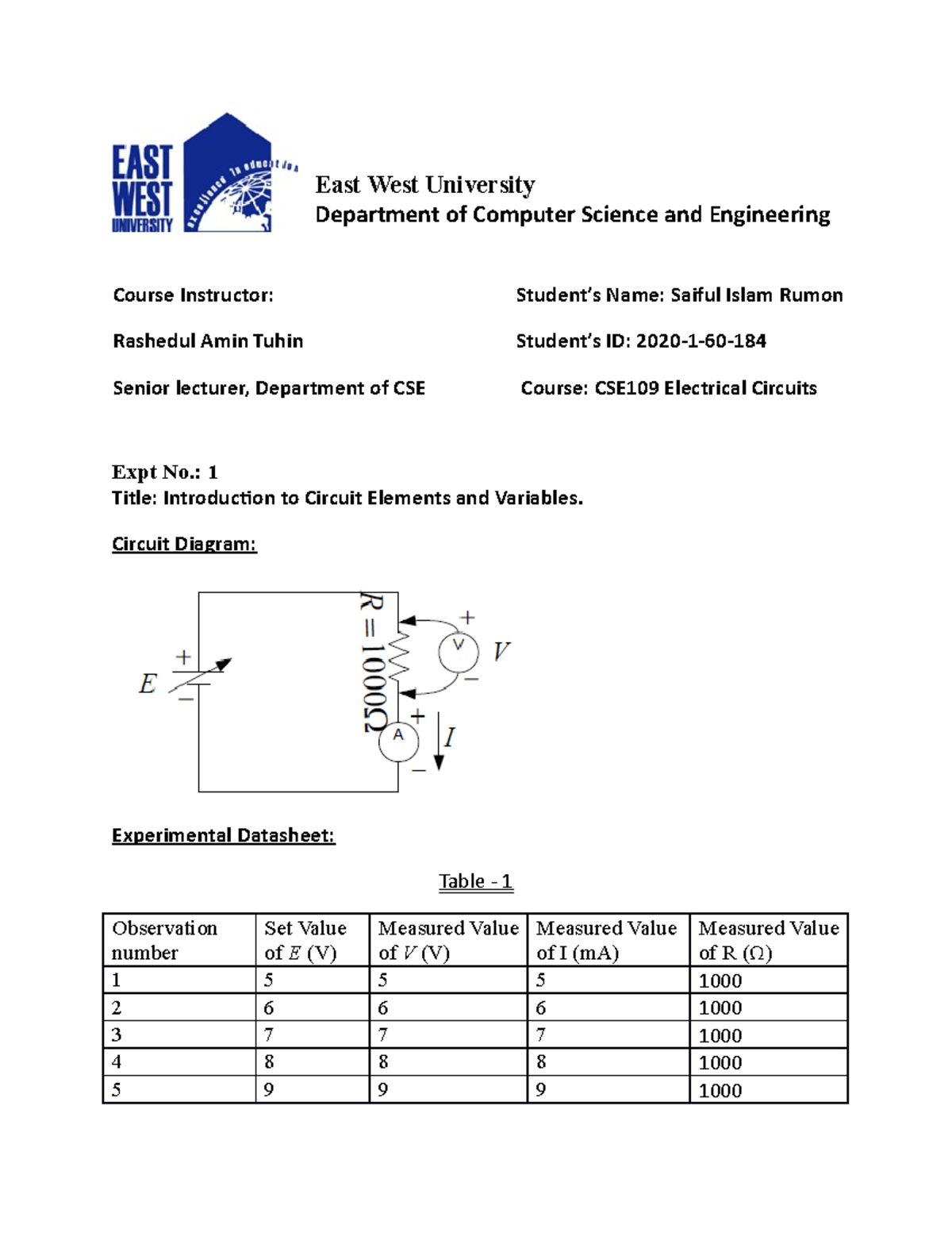 CSE109 Lab1 Report: Introduction to Circuit Elements and Variables ...