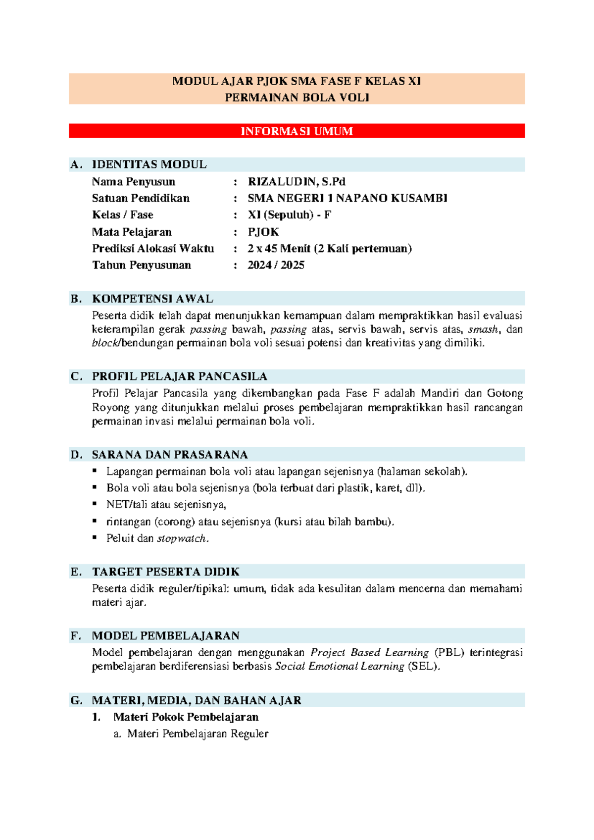 Modul Ajar PJOK Kelas XI F: Permainan Bola Voli dan Pembelajaran Aktif - Document Preview