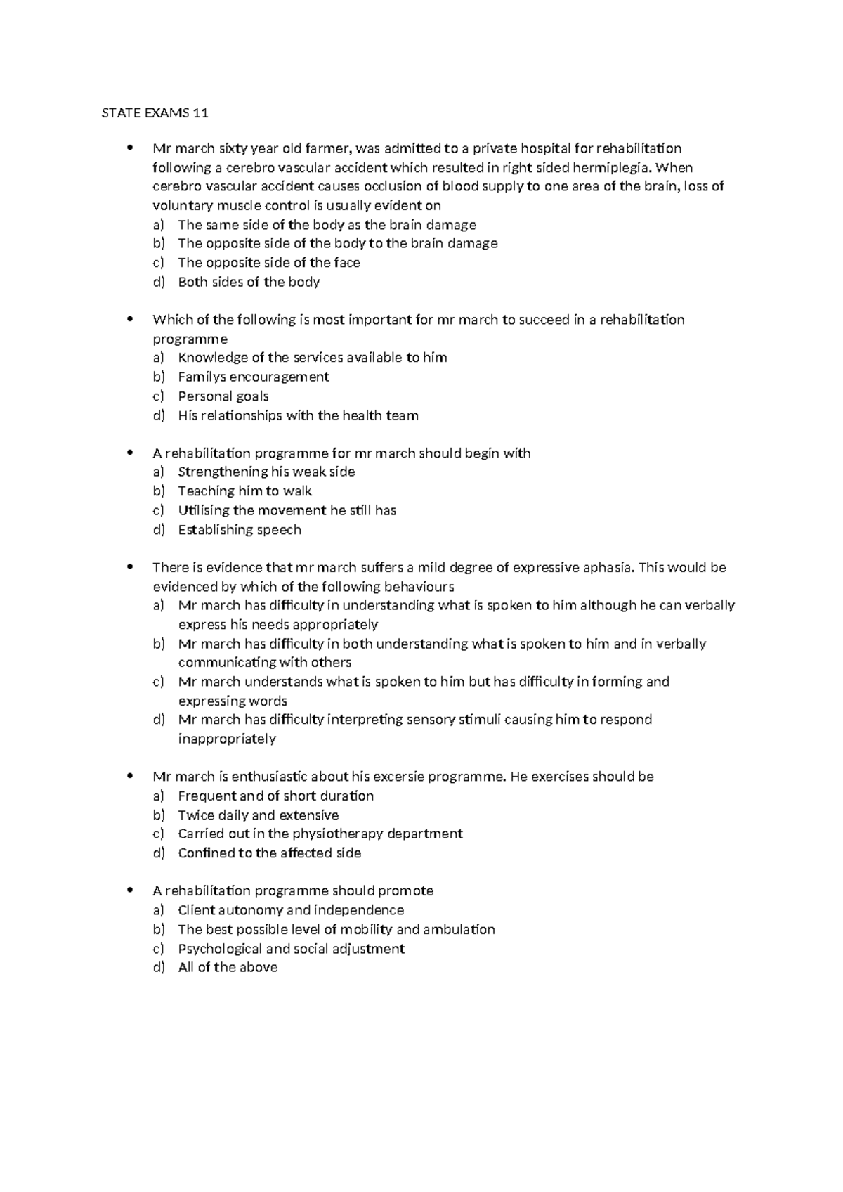 STATE EXAMS 11 - Rehabilitation and Care Strategies for Patients - Studocu