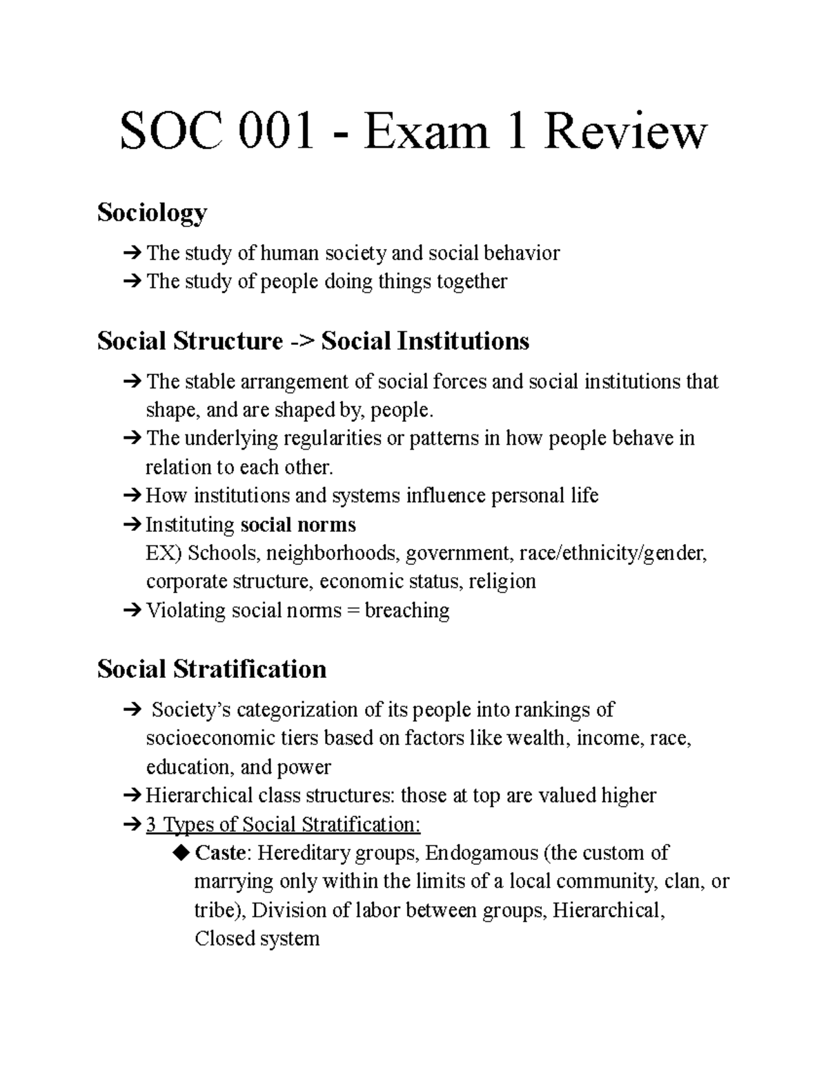 SOC 001 - Exam 1 Review: Key Concepts in Sociology - Studocu