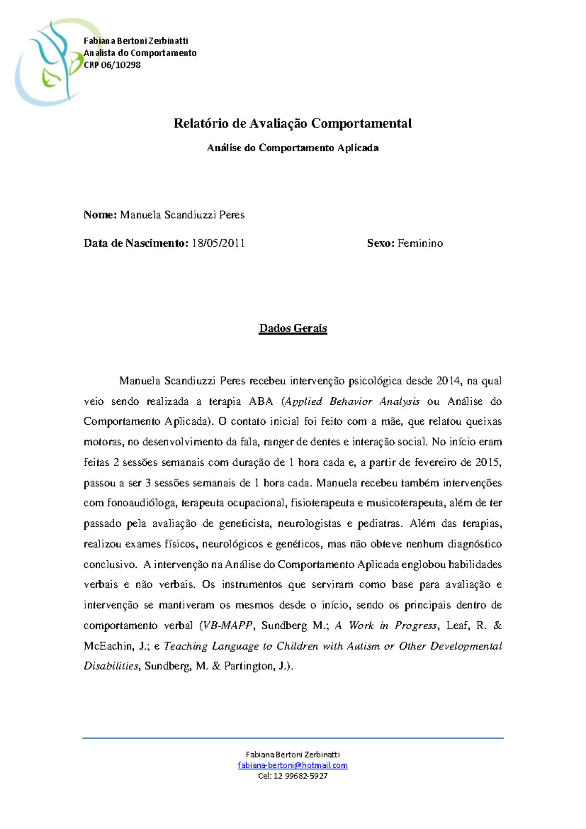 Relatório de Avaliação Comportamental - Aplicação do VB-MAPP - Document Preview