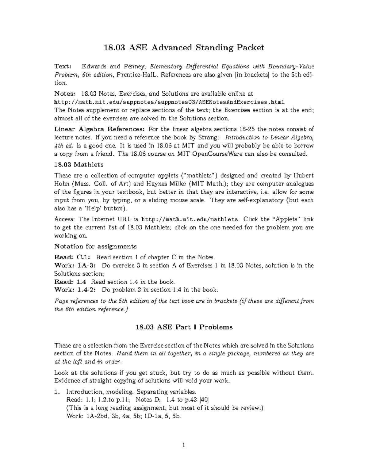 18.03 ASE Homework Part 1: Exercises and Solutions Overview - Studocu