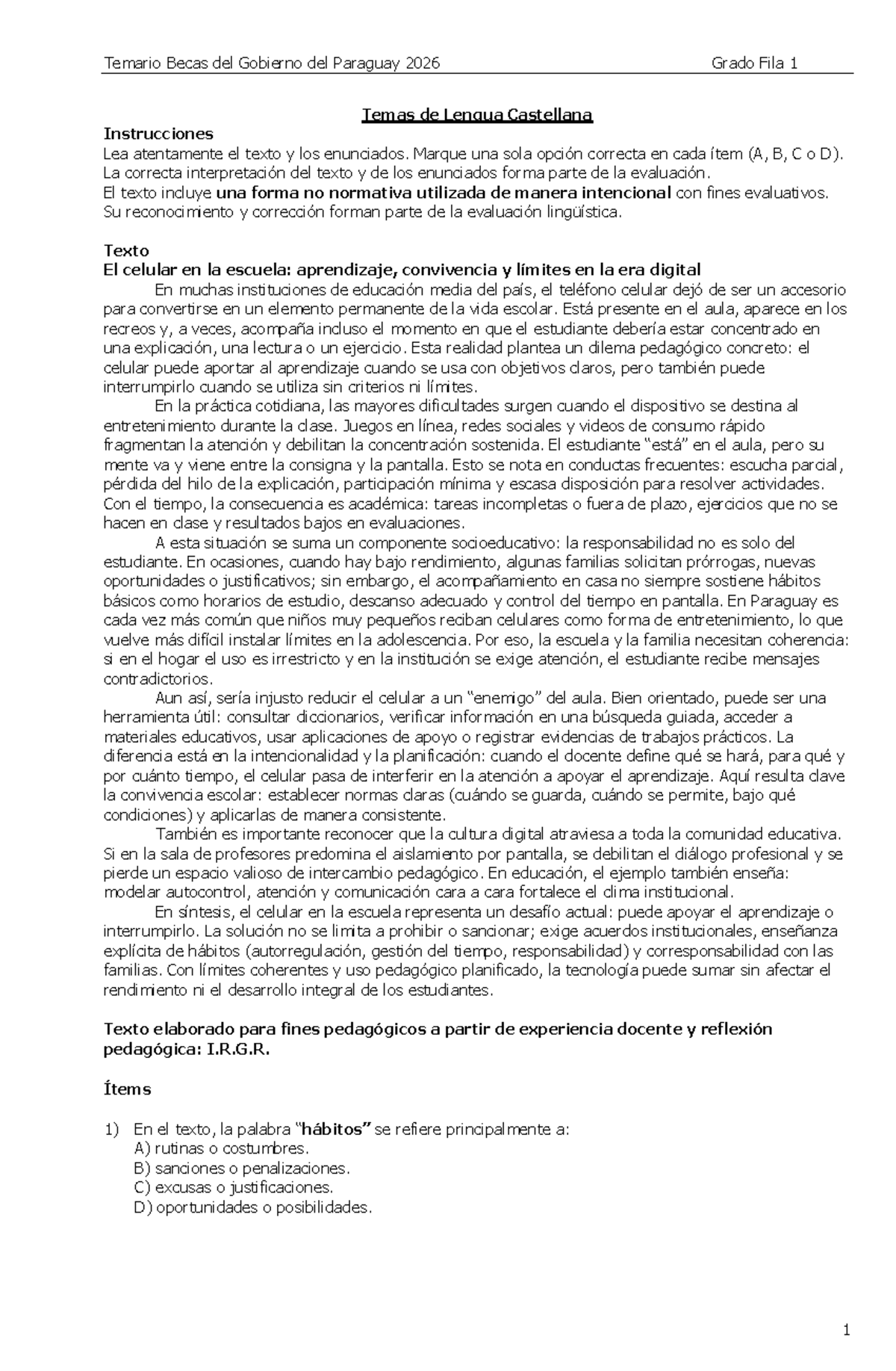 Temario Becas del Gobierno del Paraguay 2026 - Lengua Castellana y Matemática - Document Preview