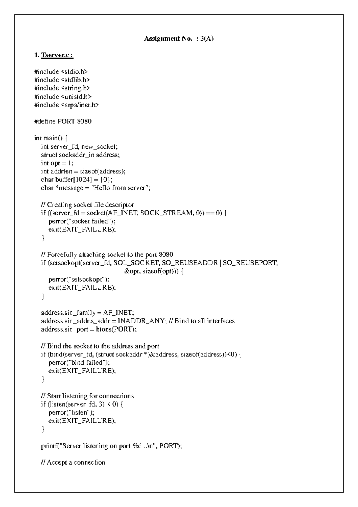 Assignment 3(A): Tserver.c & Tclient.c Socket Programming Overview ...