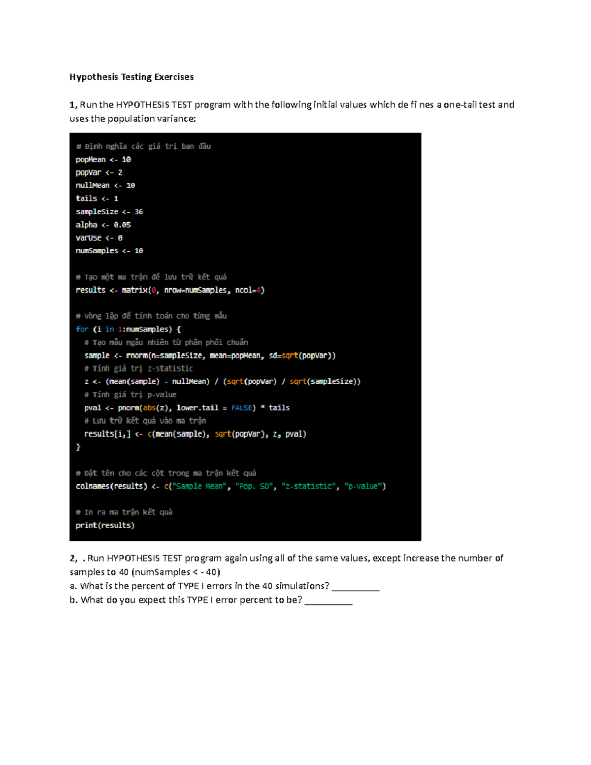 Code R - 123: Hypothesis Testing Exercises and Program Analysis - Studocu