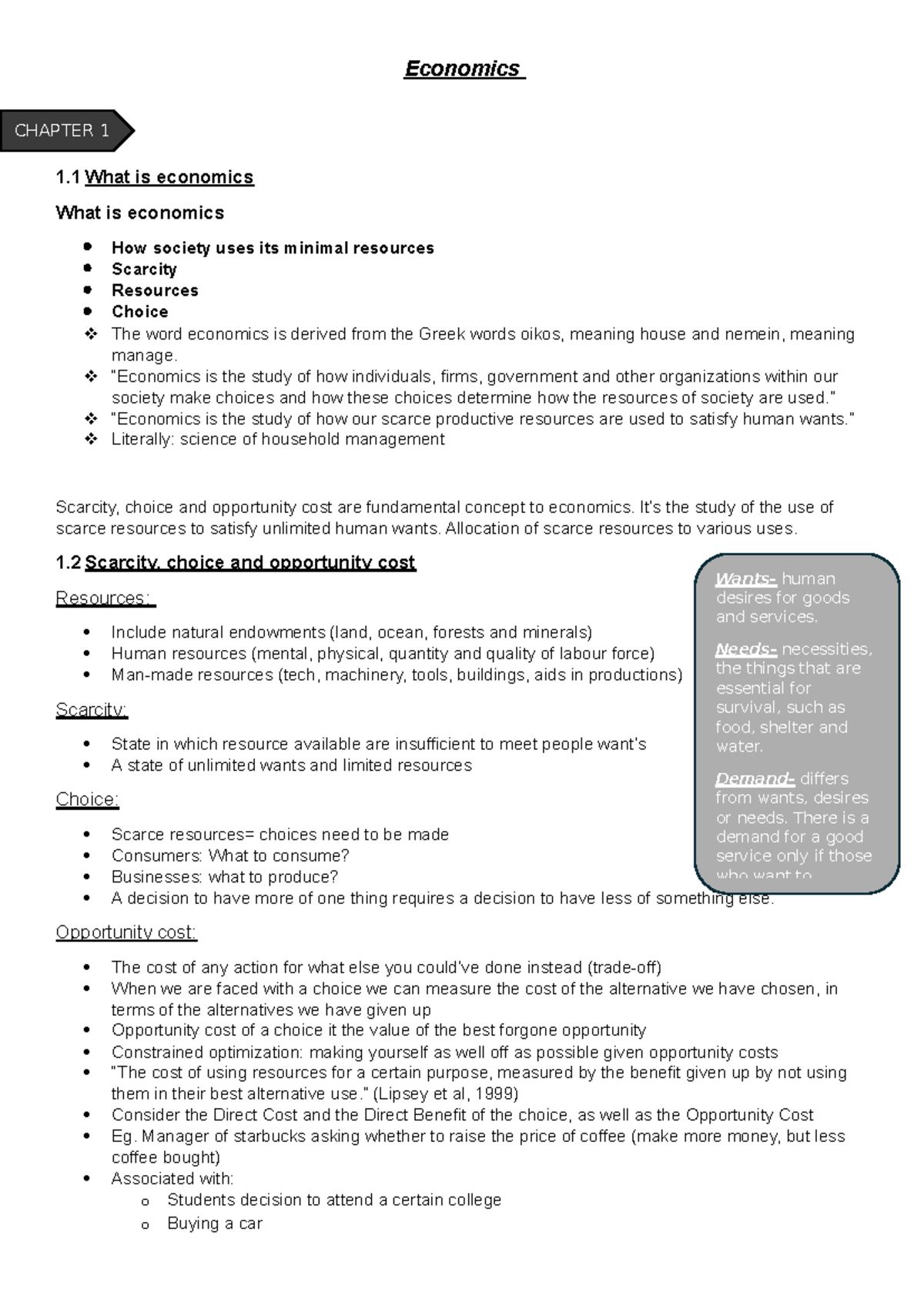 Economics CHAPTER 1: Understanding Scarcity, Choice, and Opportunity ...