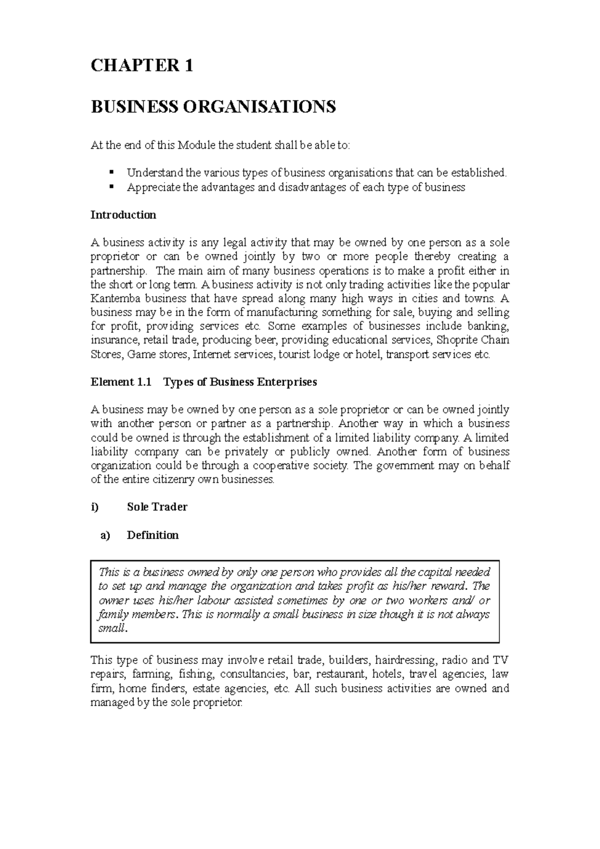 Management 1 - CHAPTER 1 BUSINESS ORGANISATIONS At the end of this ...