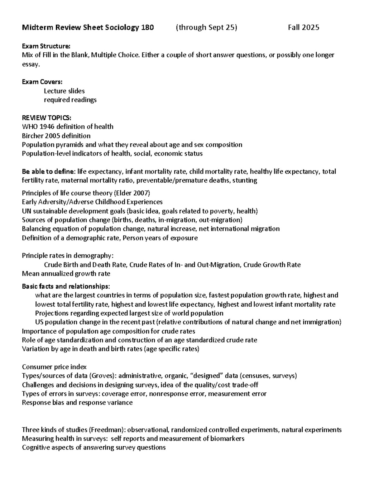 Midterm Review Sheet for Sociology 180 - Fall 2025 Exam Topics - Studocu