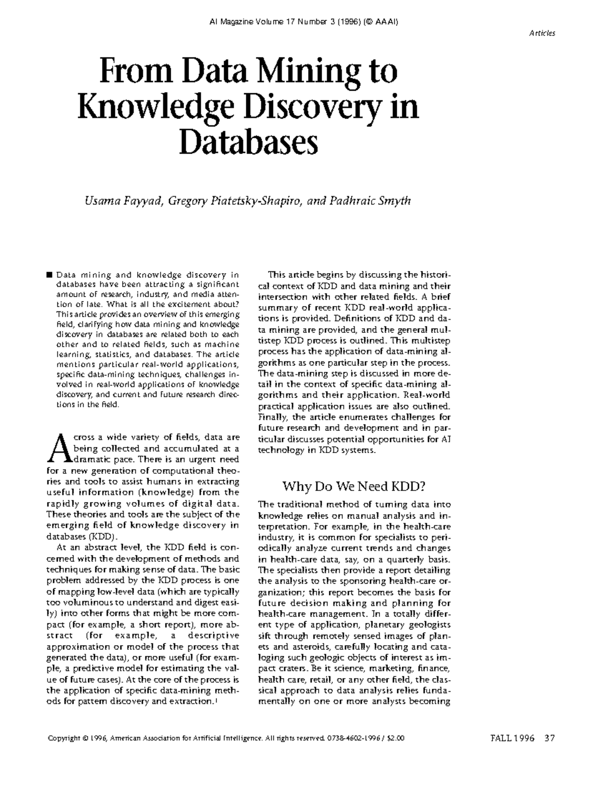 From Data Mining to Knowledge Discovery in Databases - n Data mining ...