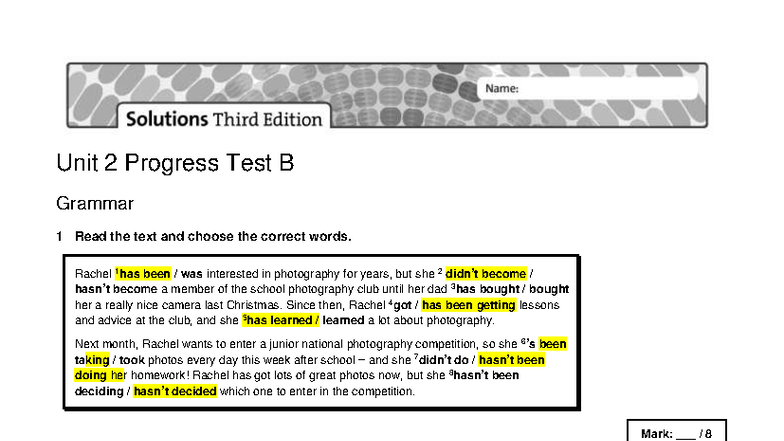 Unit 2 Progress Test B: Grammar & Vocabulary Solutions (زبان انگلیسی ...