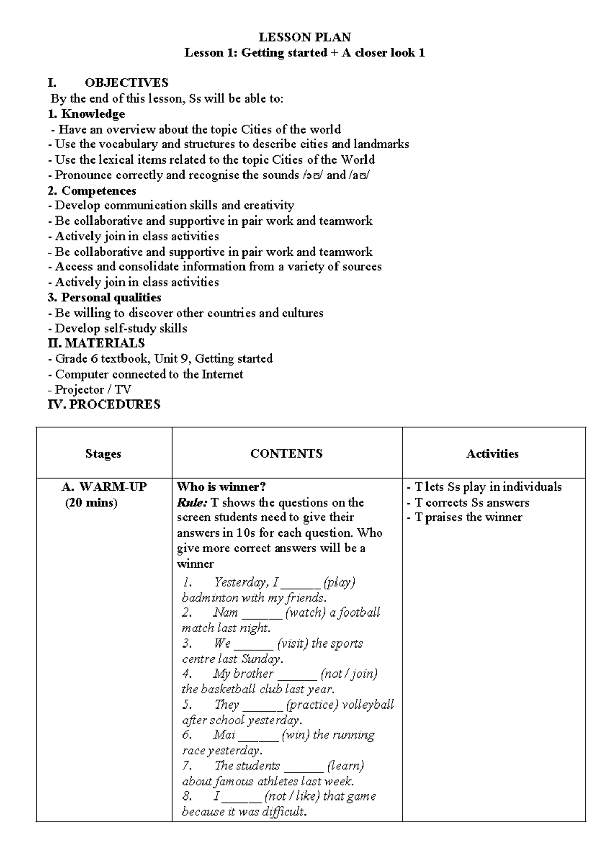 Lesson Plan: Grade 6 Unit 9 - Cities of the World Overview - Studocu