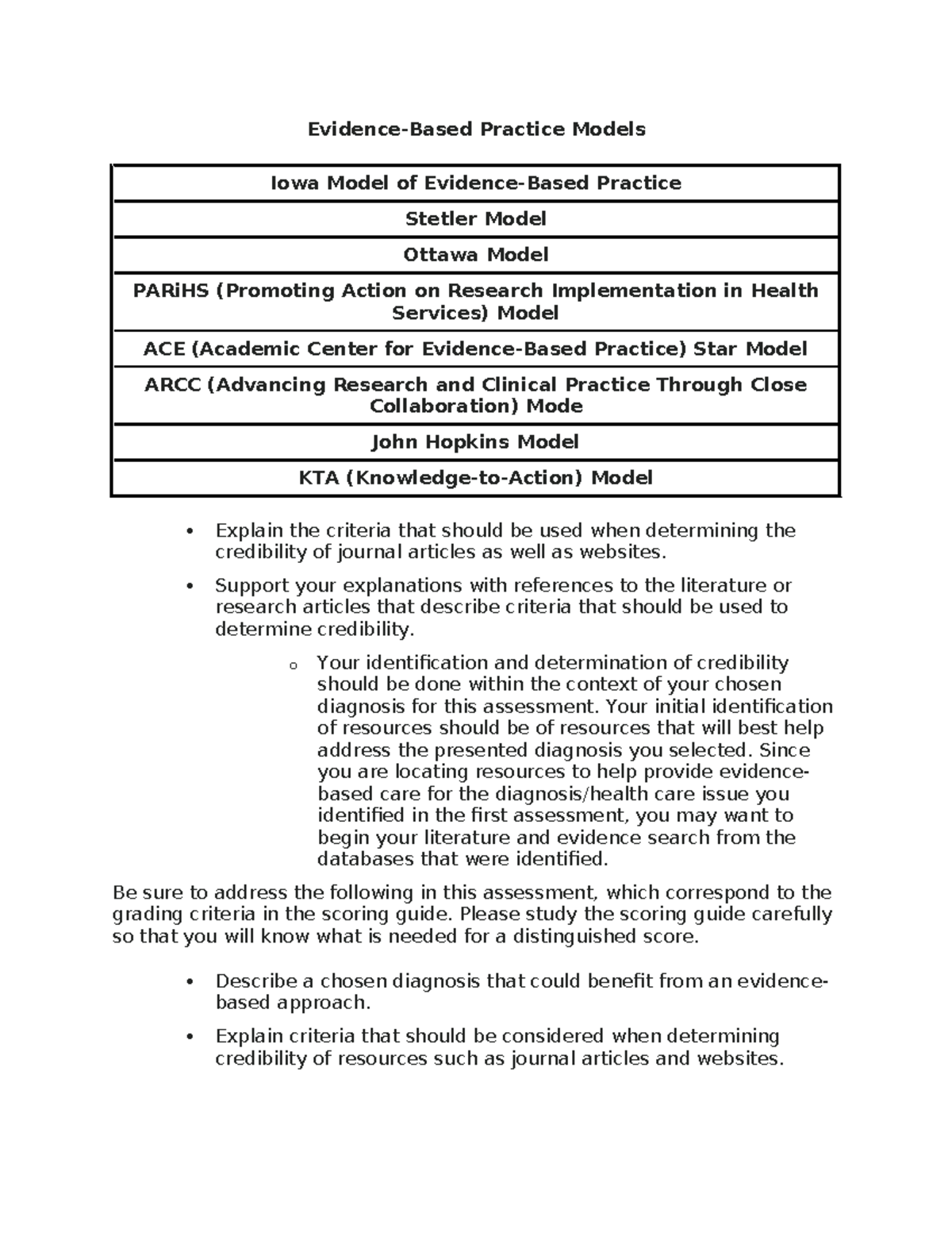 EBP Models and Credibility Criteria for Nursing Practice (NURS 303 ...