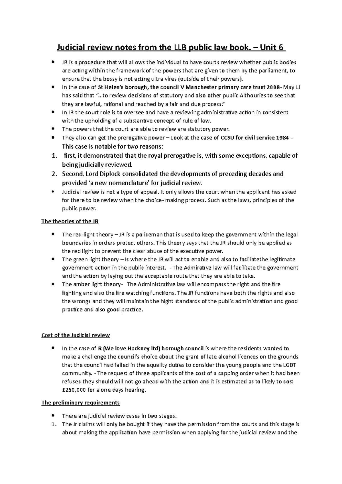 Judicial review notes from the LLB public law book - – Unit 6 JR is a ...