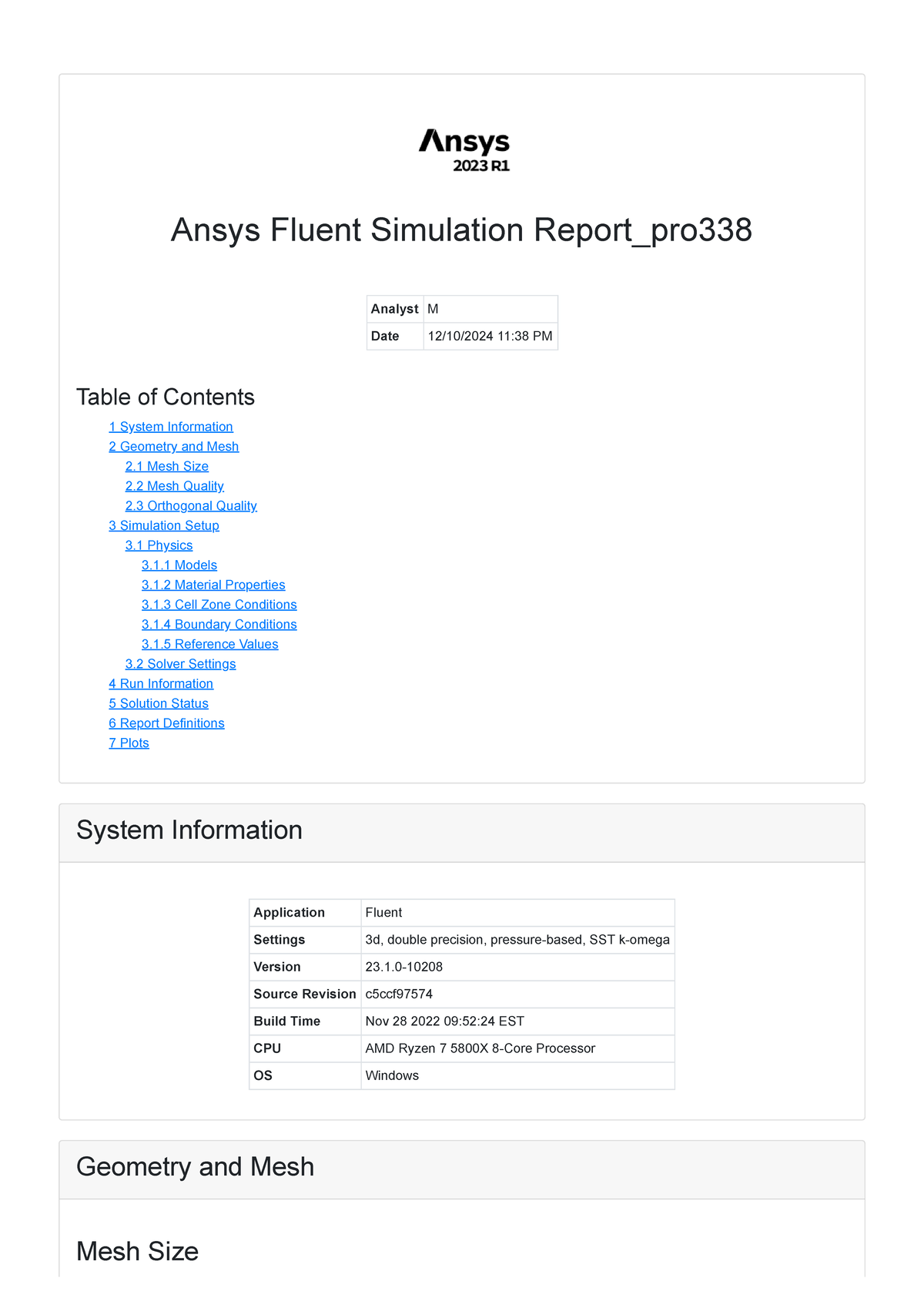 Ansys Fluent Simulation Report - PRO338 Analysis and Results - Studocu