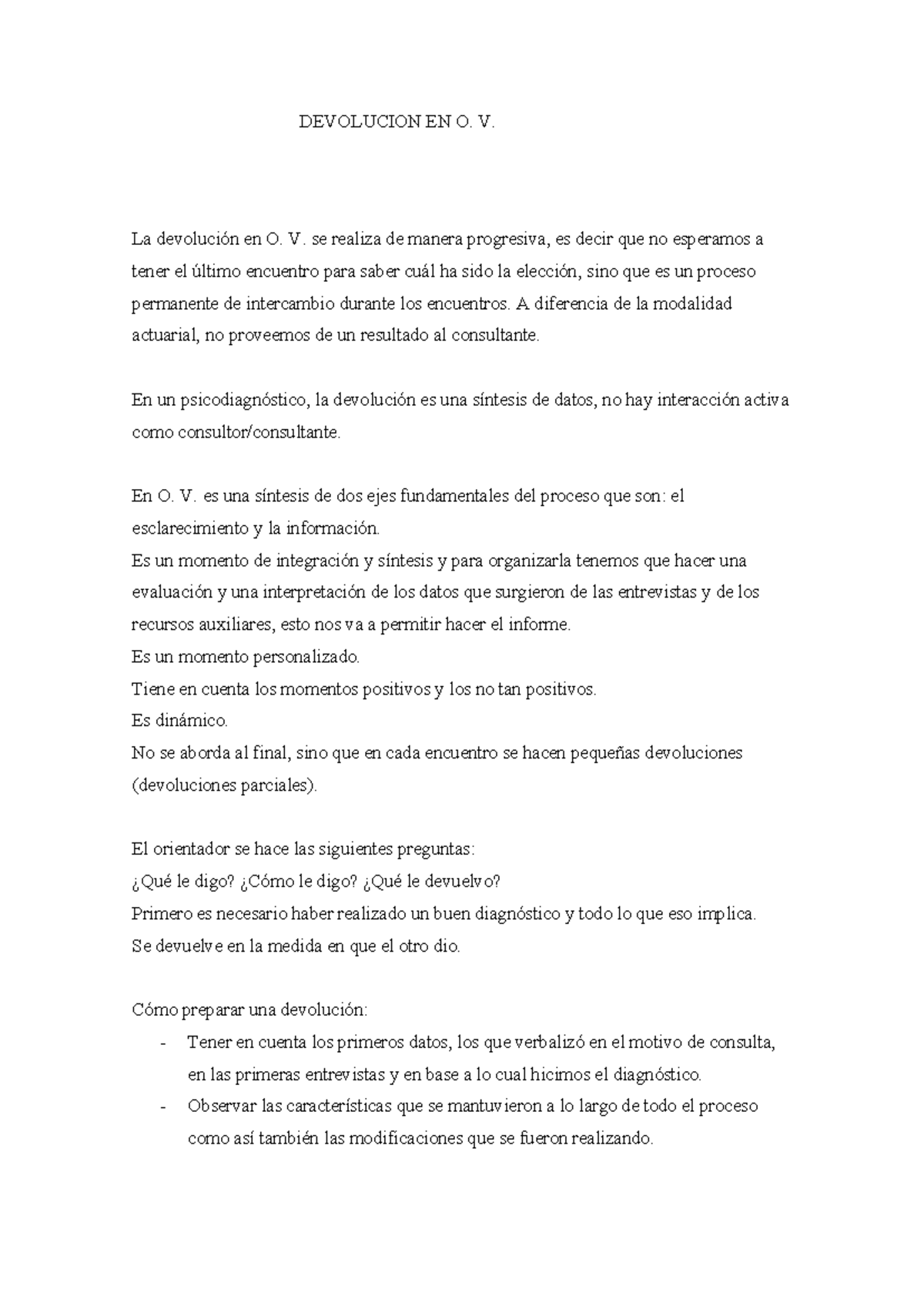 Devolución en O. V.: Proceso Progresivo y Personalizado en Psicología ...
