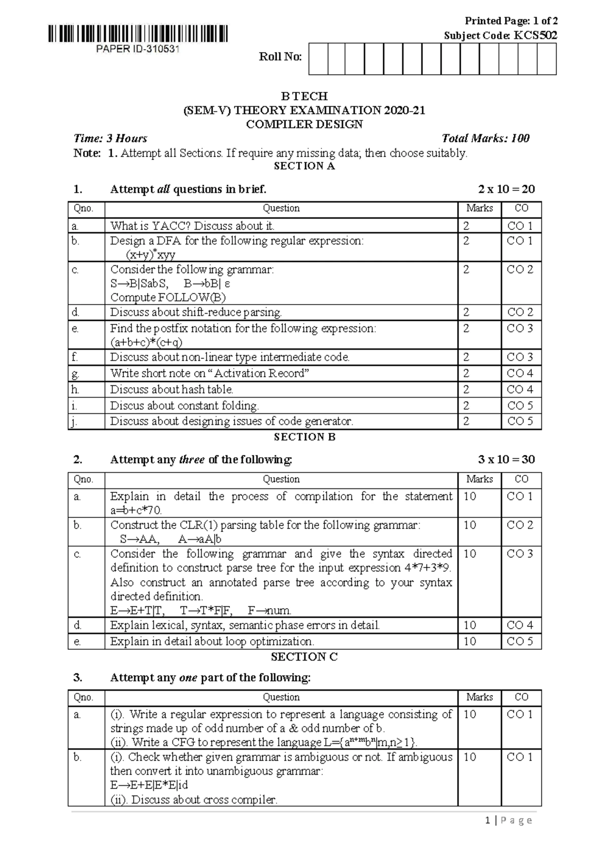 KCS502 B.TECH. (SEM V) Compiler Design Theory Exam Notes - Studocu
