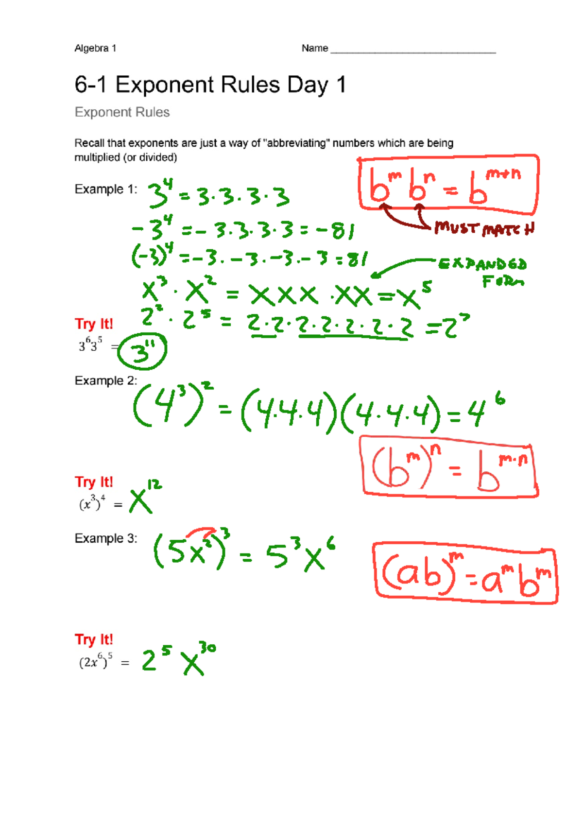 Algebra 1 (6-1) Day 1 Exponent Rules Notes - Studocu