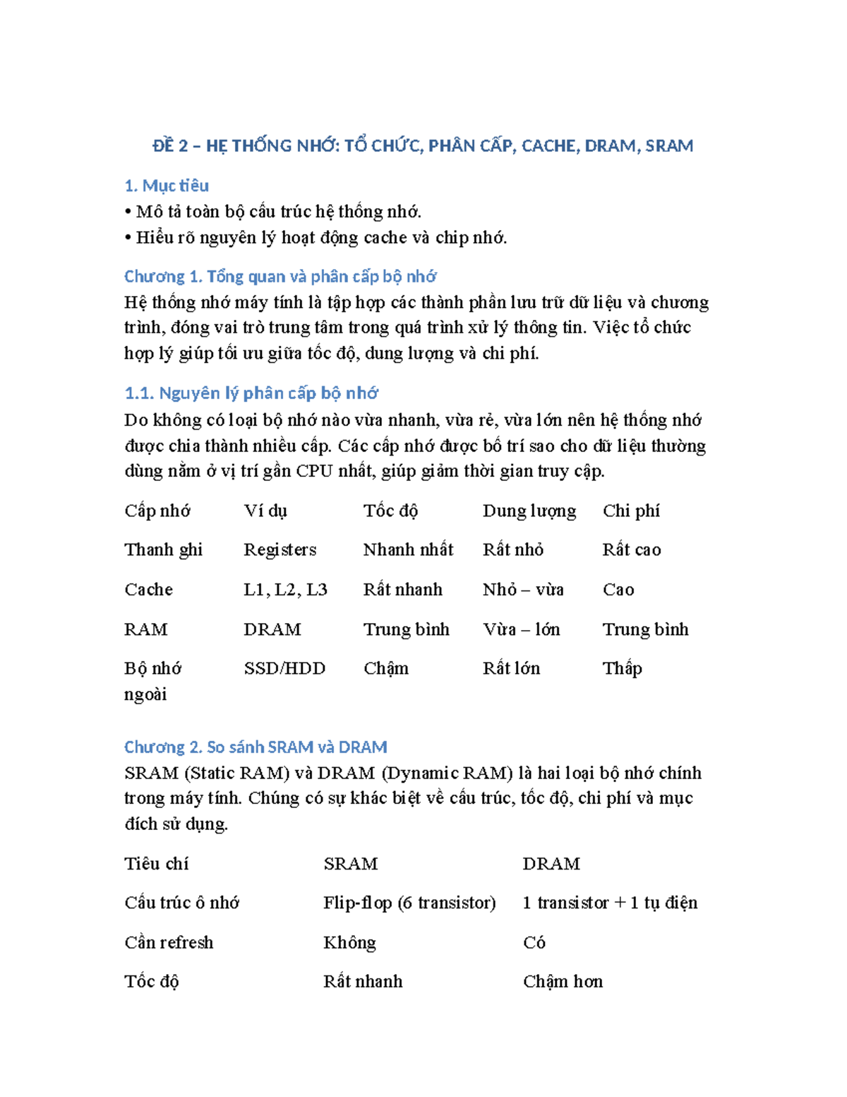 Đề 2 Hệ Thống Nhớ: Tổ Chức, Phân Cấp, Cache, DRAM, SRAM - Studocu