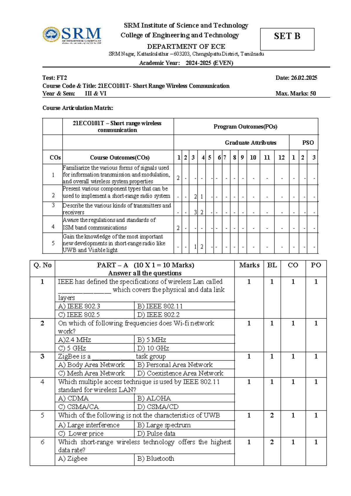 21ECO101T Short Range Wireless Communication CT1 Question Paper - Studocu