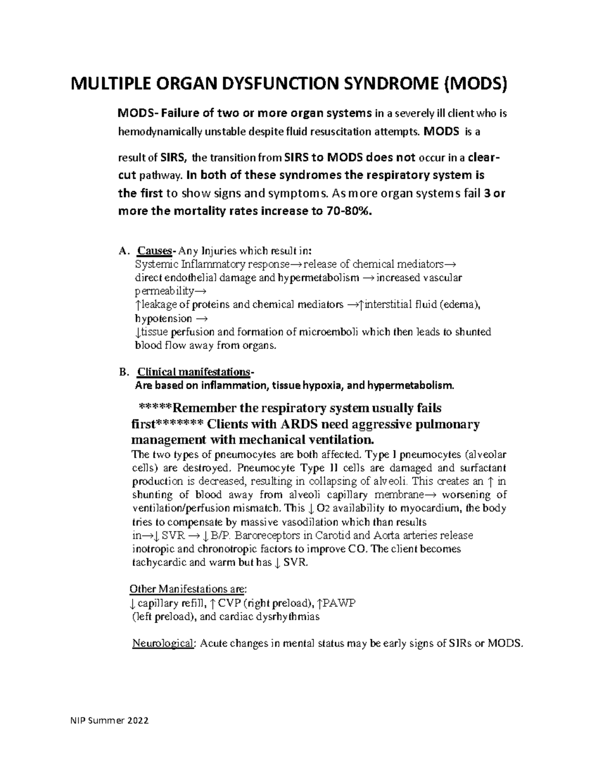 Midterm Exam Notes: Multiple Organ Dysfunction Syndrome (MODS) - Studocu