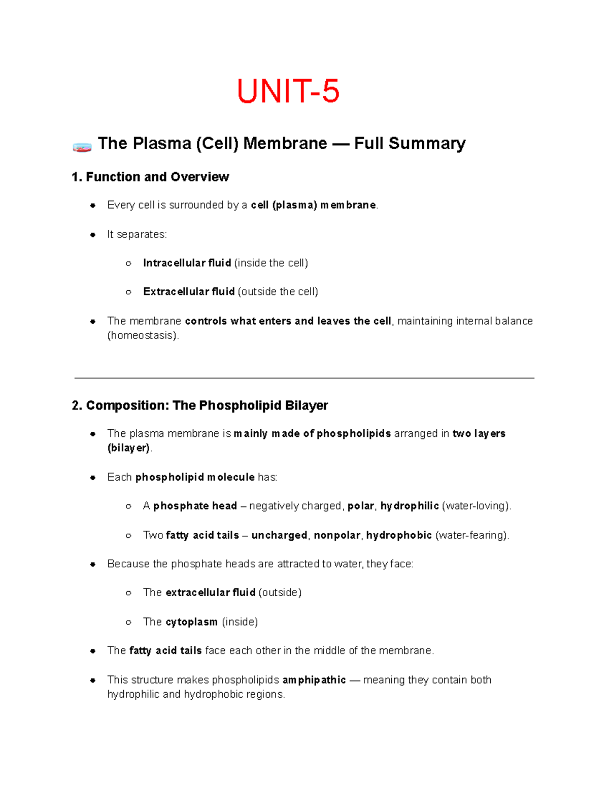 UNIT-5 - Comprehensive Overview of the Plasma Membrane Functions - Studocu