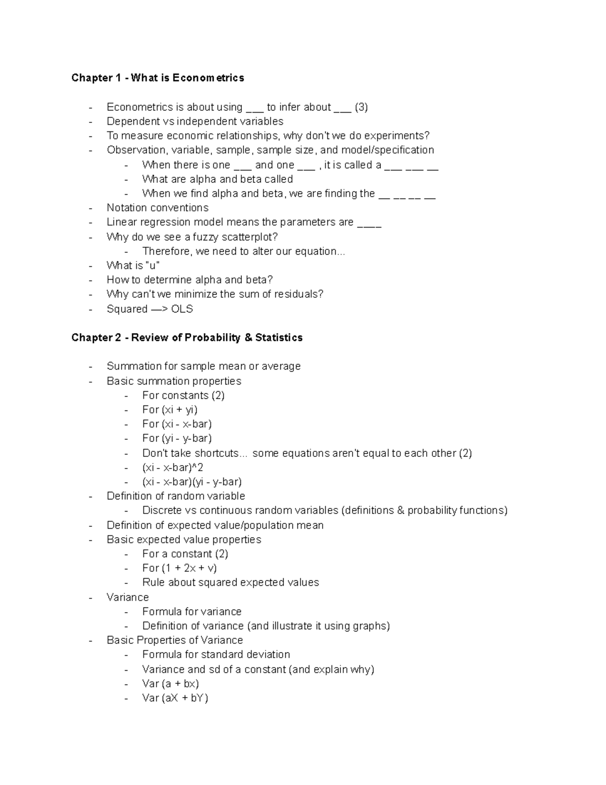 122a Final Exam Study Guide: Econometrics Concepts and Techniques - Studocu