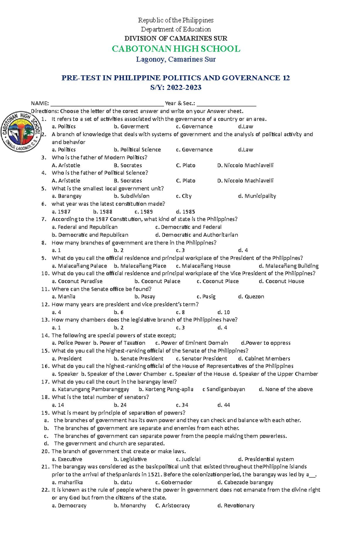 PPG 12 - Pre-Test in Philippine Politics and Governance Lecture Notes ...