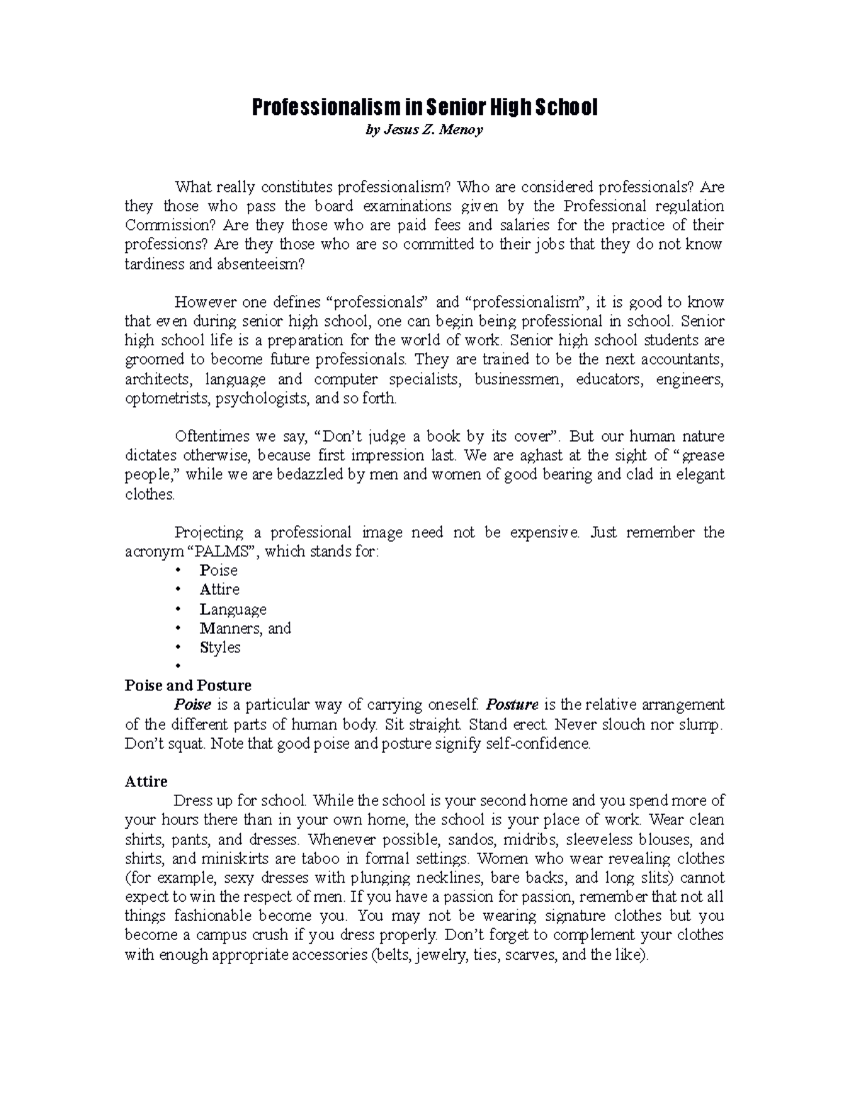 Enhancing Professionalism Among Senior High School Students - Studocu