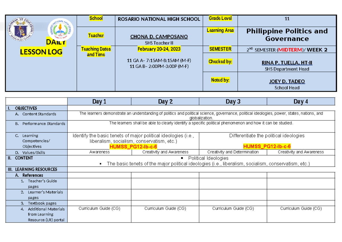 PPG DLL Q3 WEEK 2 - Daily Lesson Log for Philippine Politics and ...