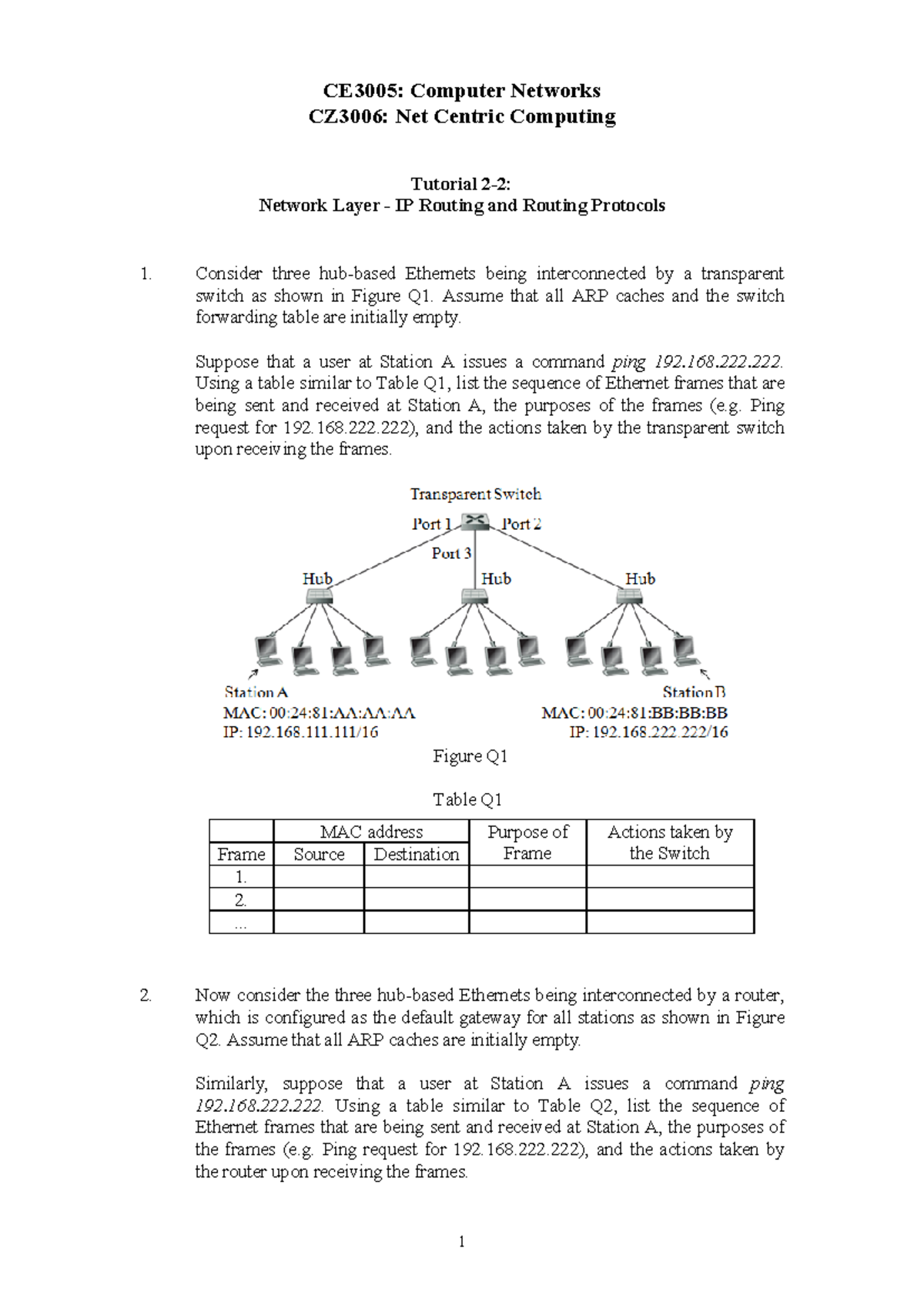IP Routing practice - 1 CE3005: Computer Networks CZ3006: Net Centric ...