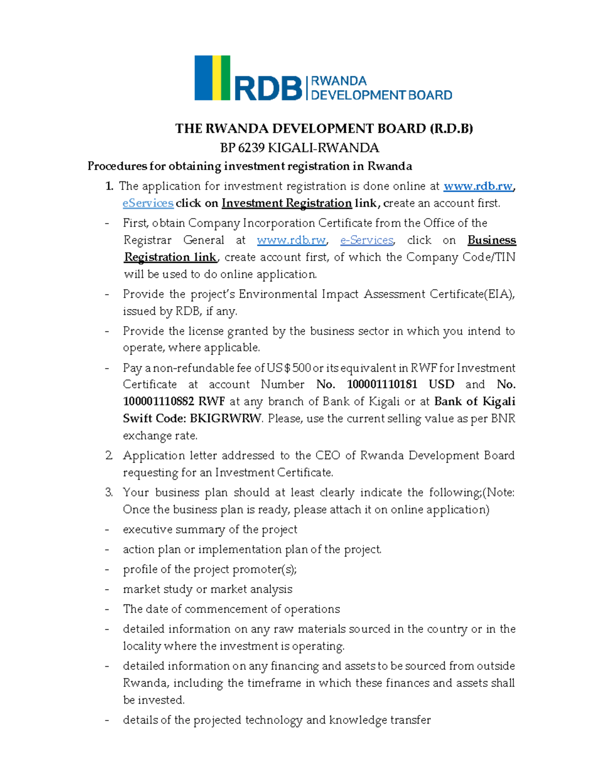 Investment Registration Checklist for Rwanda Development Board - Studocu