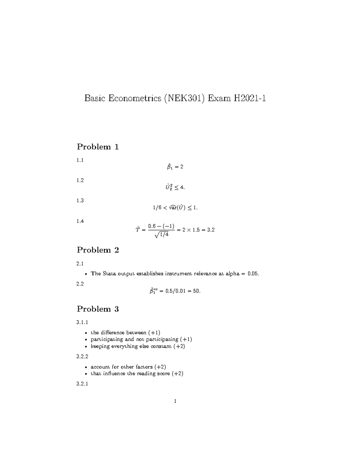 NEK301 Basic Econometrics Exam H2021 Practice Questions and Solutions ...