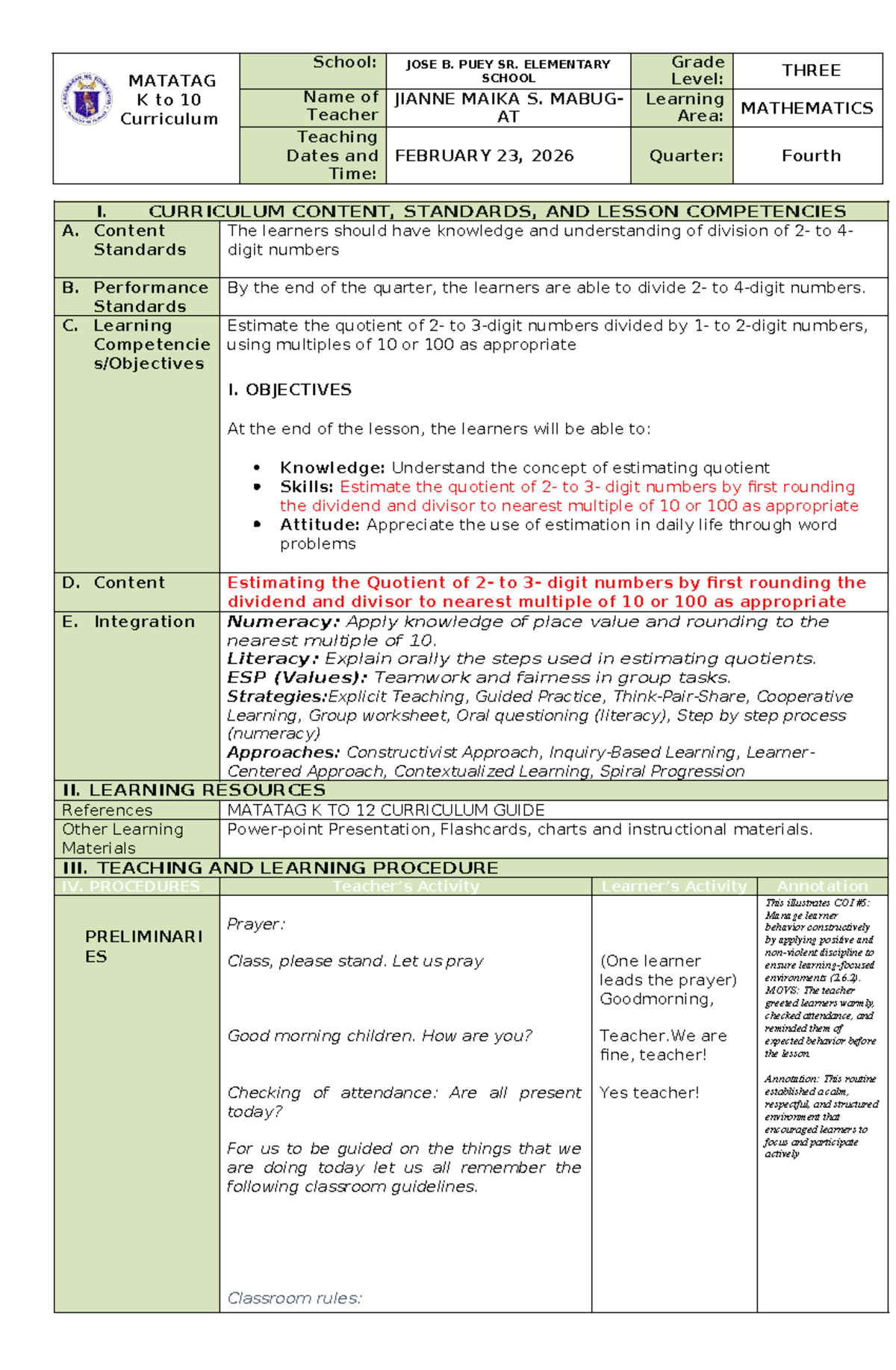 MATATAG K to 10 Curriculum: Grade 3 Math Lesson Plan on Estimating ...