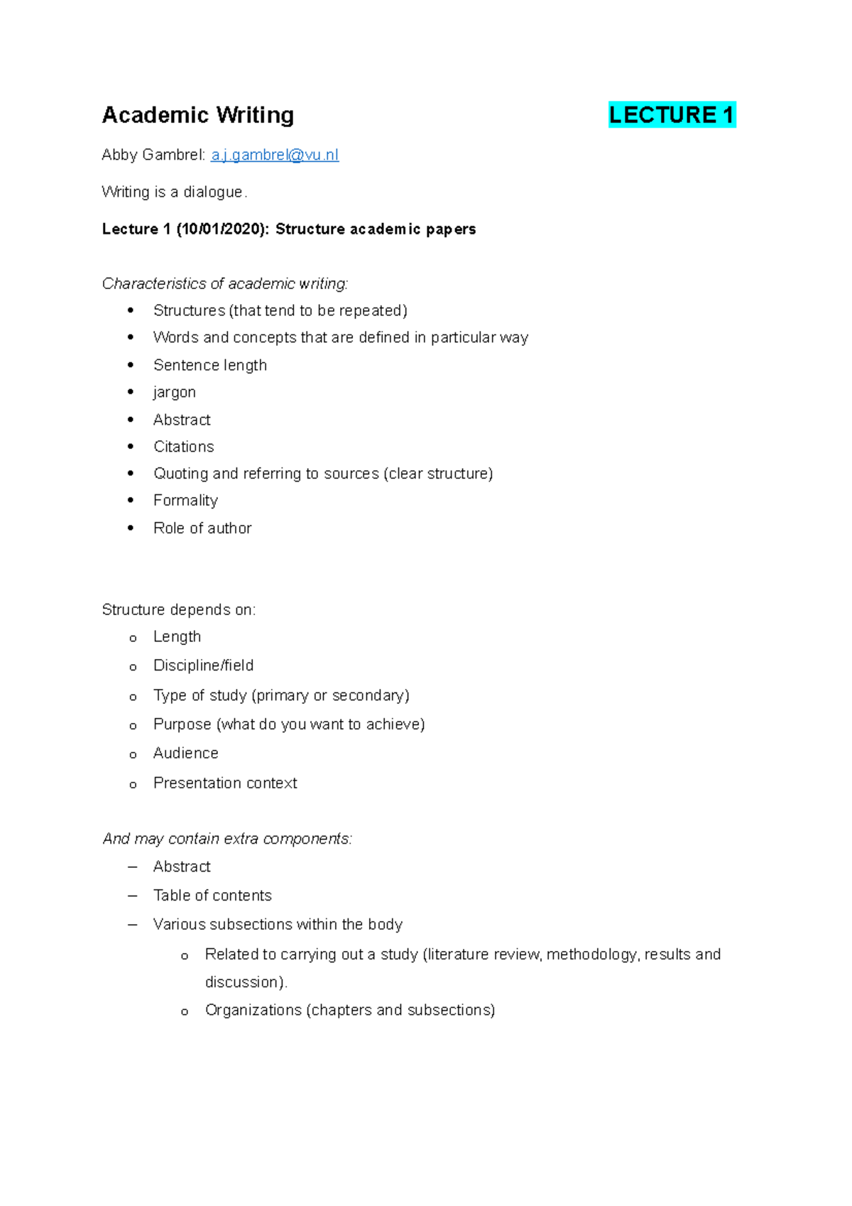Academic Writing Lecture 1: Structure and Key Components - Studeersnel