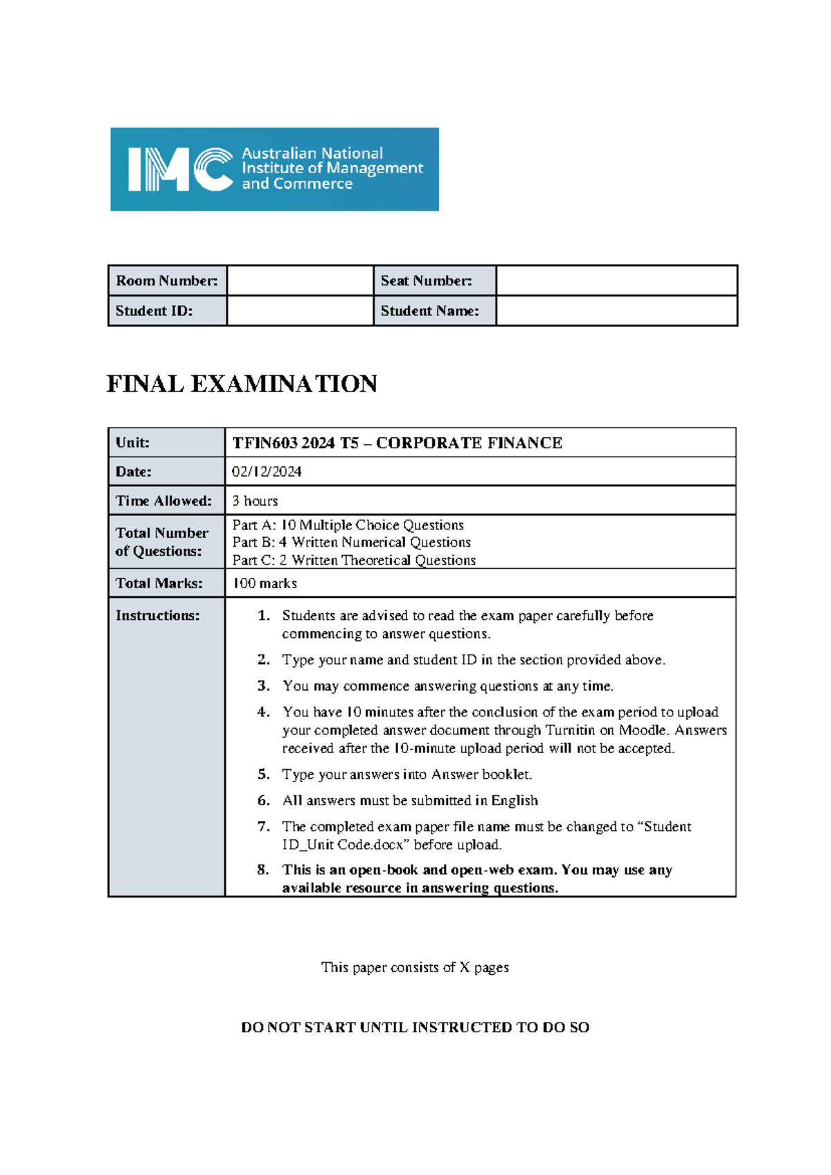 TFIN603 2024 T5 Corporate Finance Final Exam Paper - Studocu