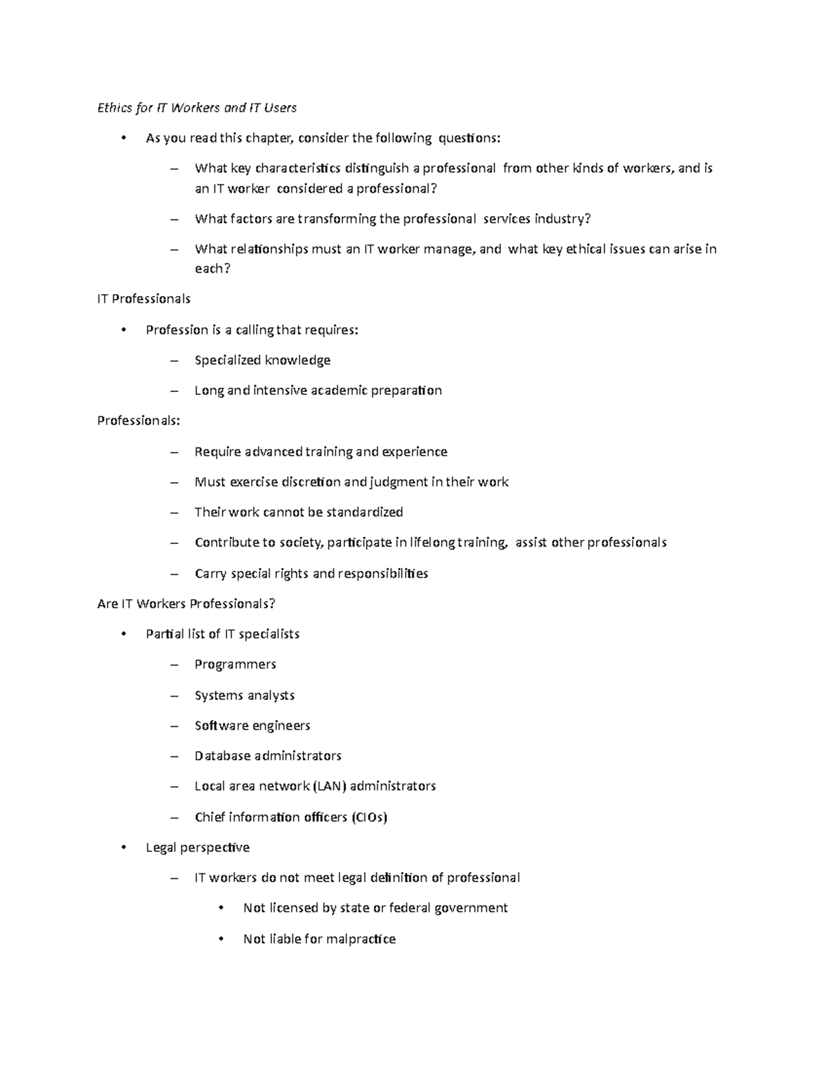 Ethics for IT Workers and IT Users - Employers 2. Clients 3. Suppliers ...