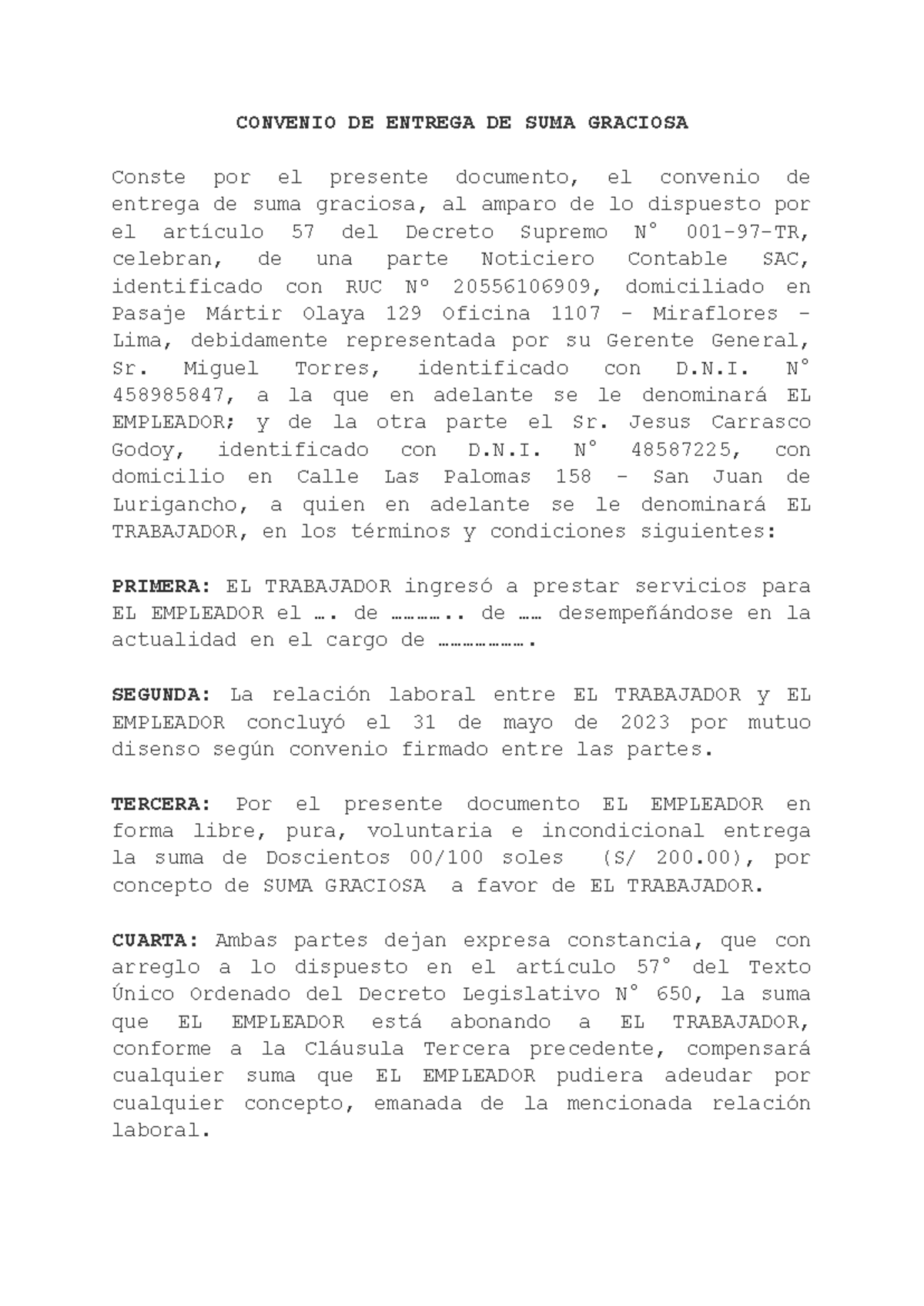 Convenio de Entrega de Suma Graciosa - Noticiero Contable SAC - Document Preview