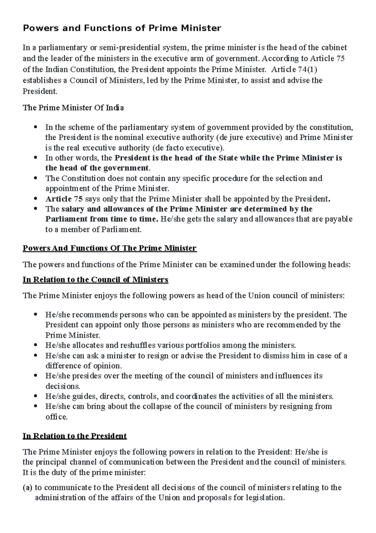 Powers And Functions Of Prime Minister