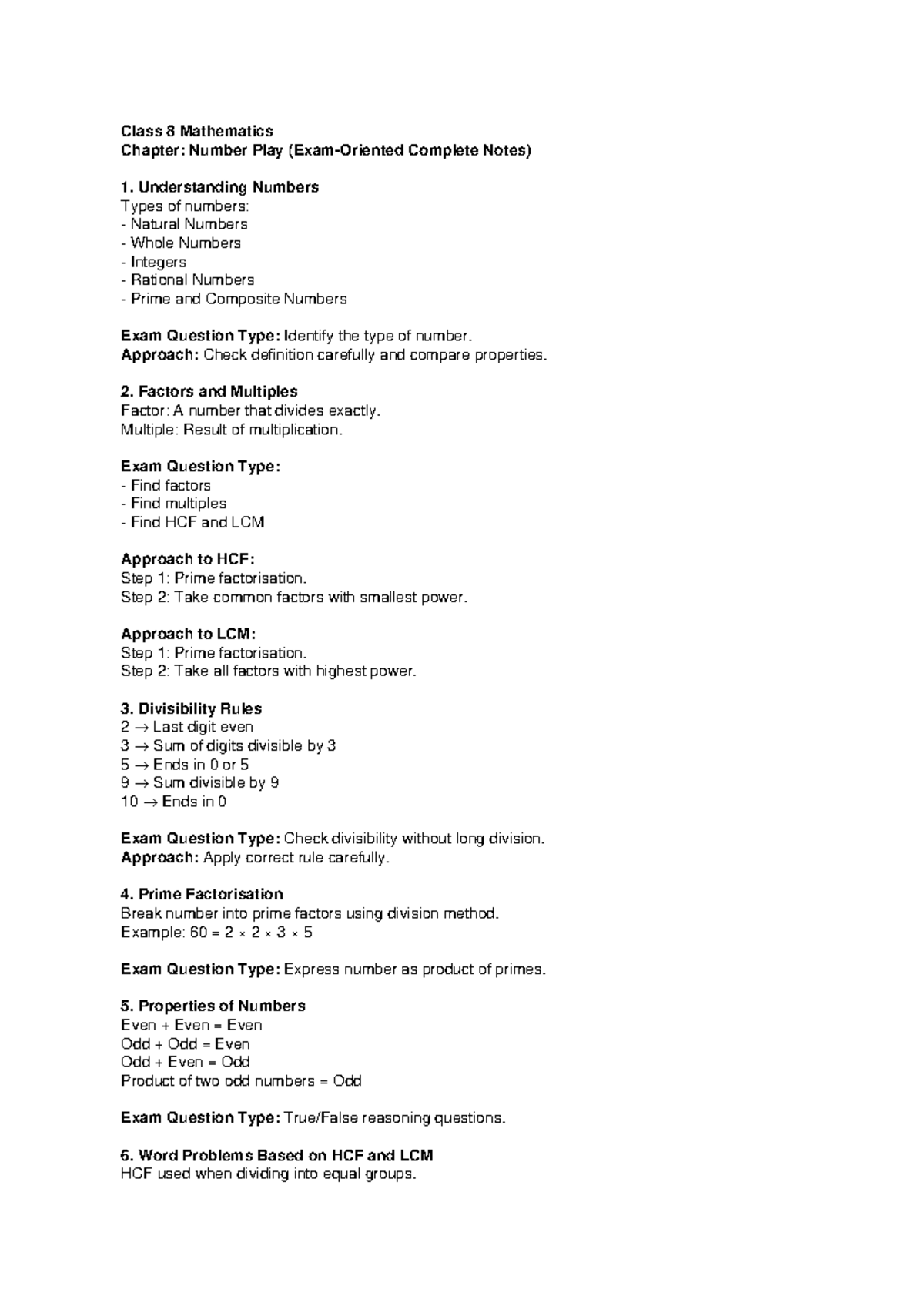 Class 8 Mathematics Chapter: Number Play Exam Notes - Studocu