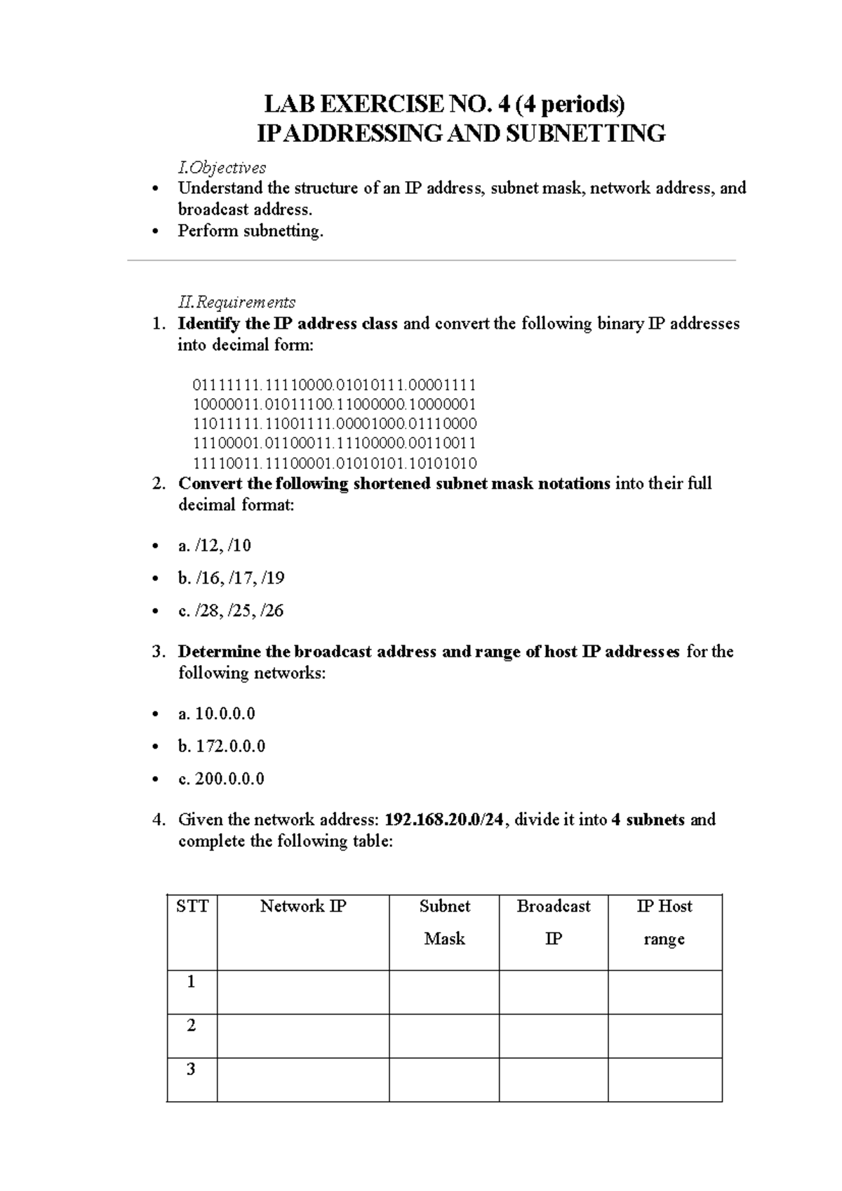 LAB EXERCISE NO. 4: IP ADDRESSING & SUBNETTING - Studocu