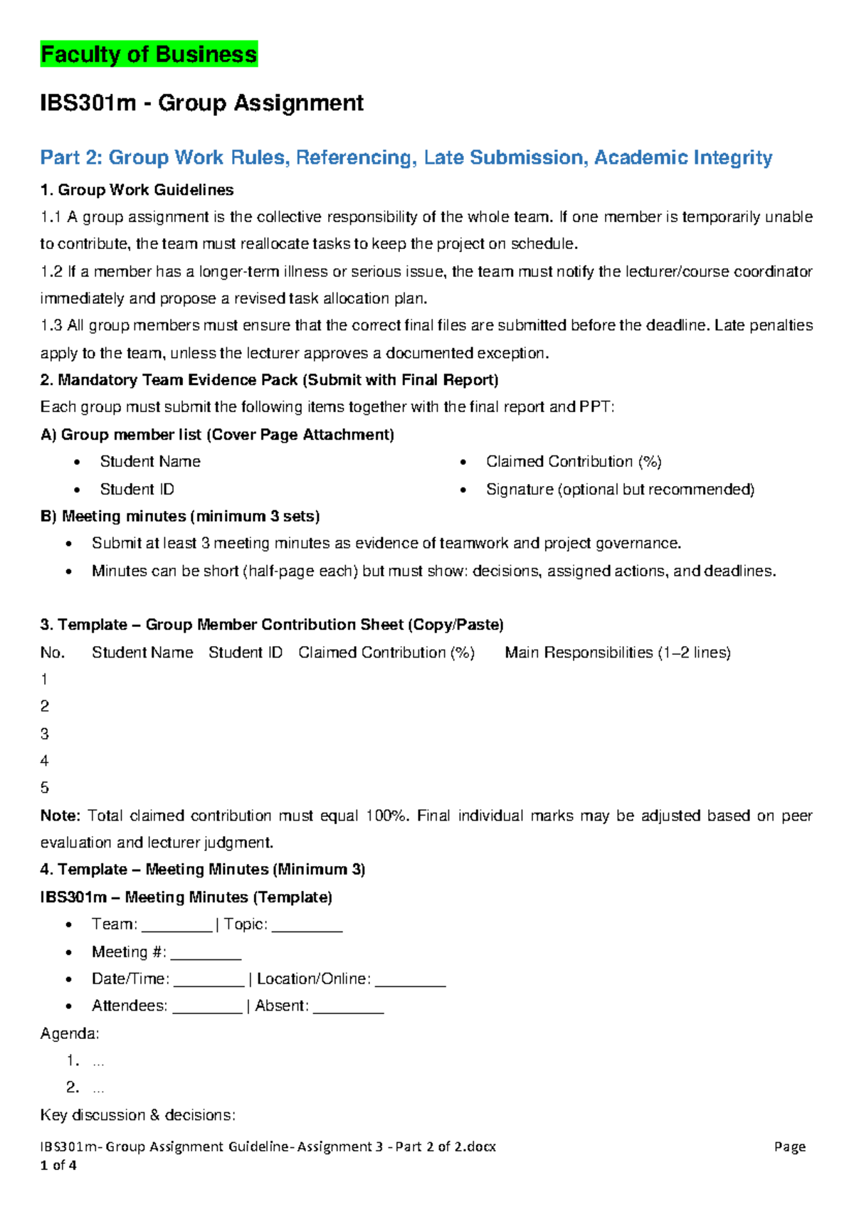 IBS301m Group Assignment Guidelines: Part 2 - Teamwork & Integrity ...