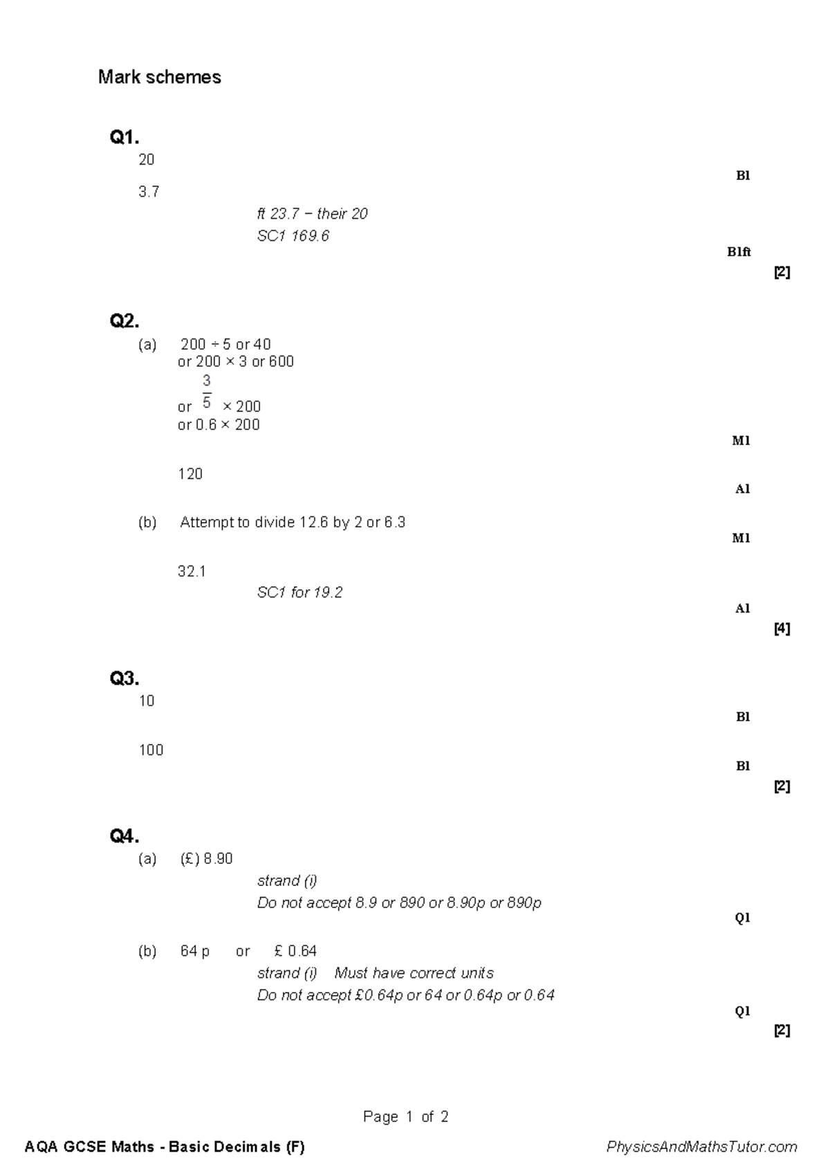 AQA GCSE Maths Basic Decimals (F) Mark Schemes MS-2 - Studocu