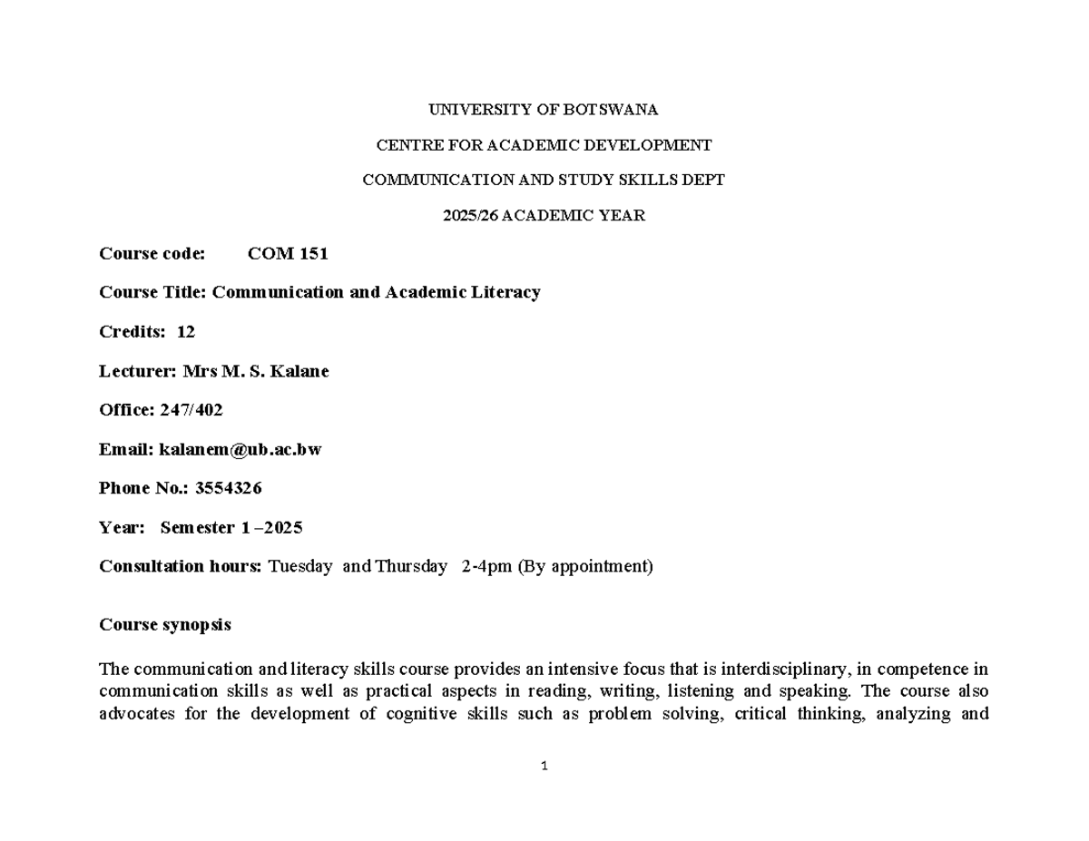 COM 151 Course Outline: Communication & Academic Literacy 2025 - Studocu