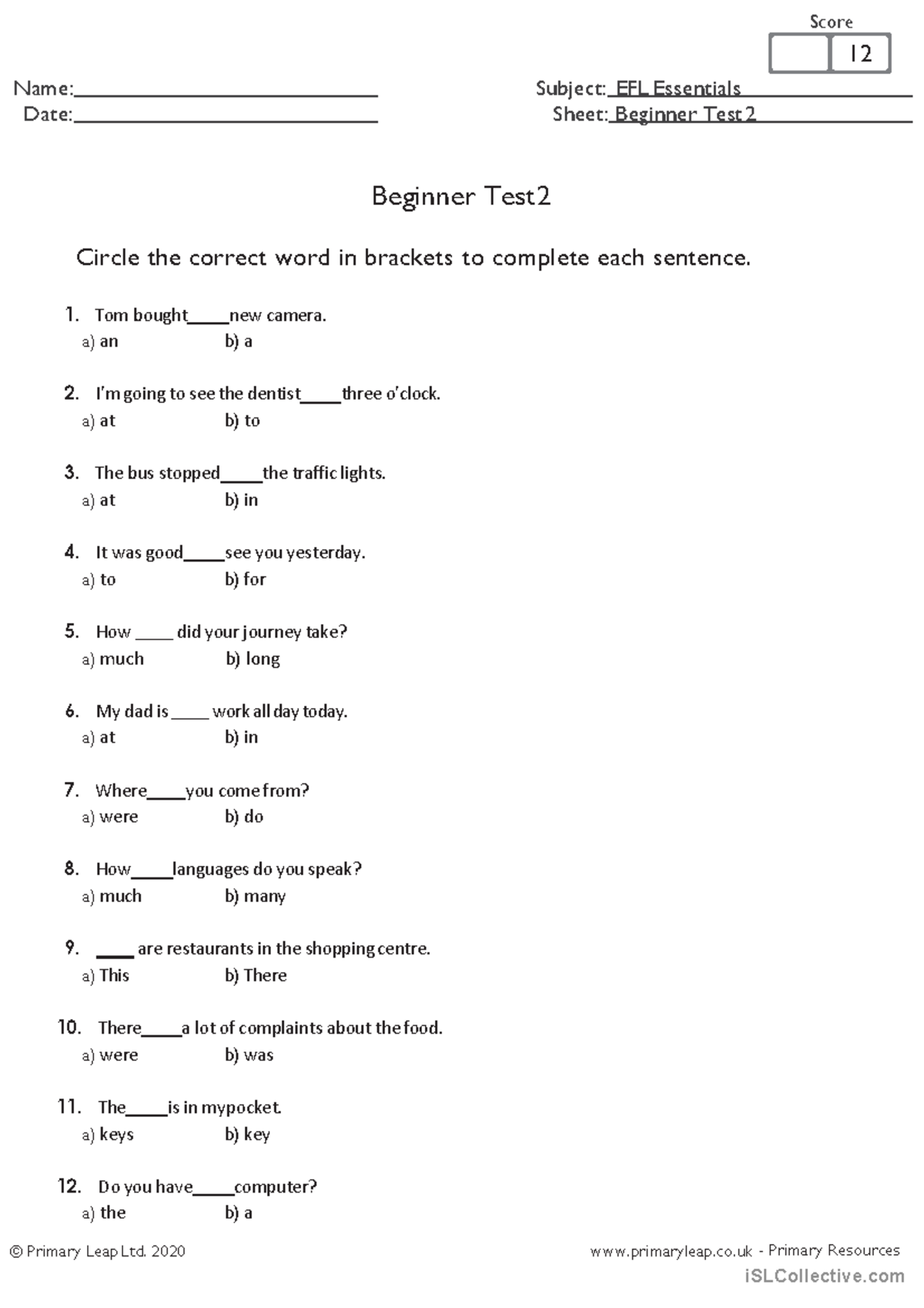 Beginner Test 2 - EFL Essentials Assessment Sheet - Studocu