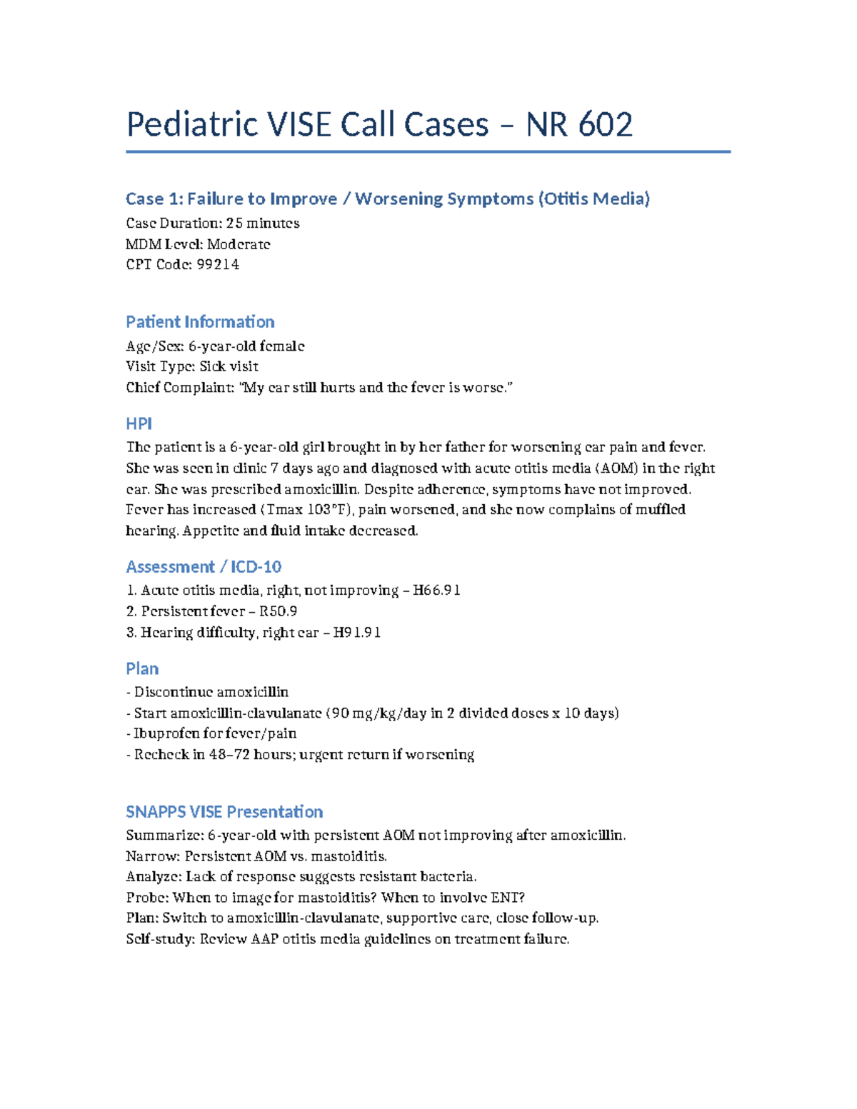 Pediatric VISE Call Cases NR 602: Otitis Media & Drug Reactions - Studocu